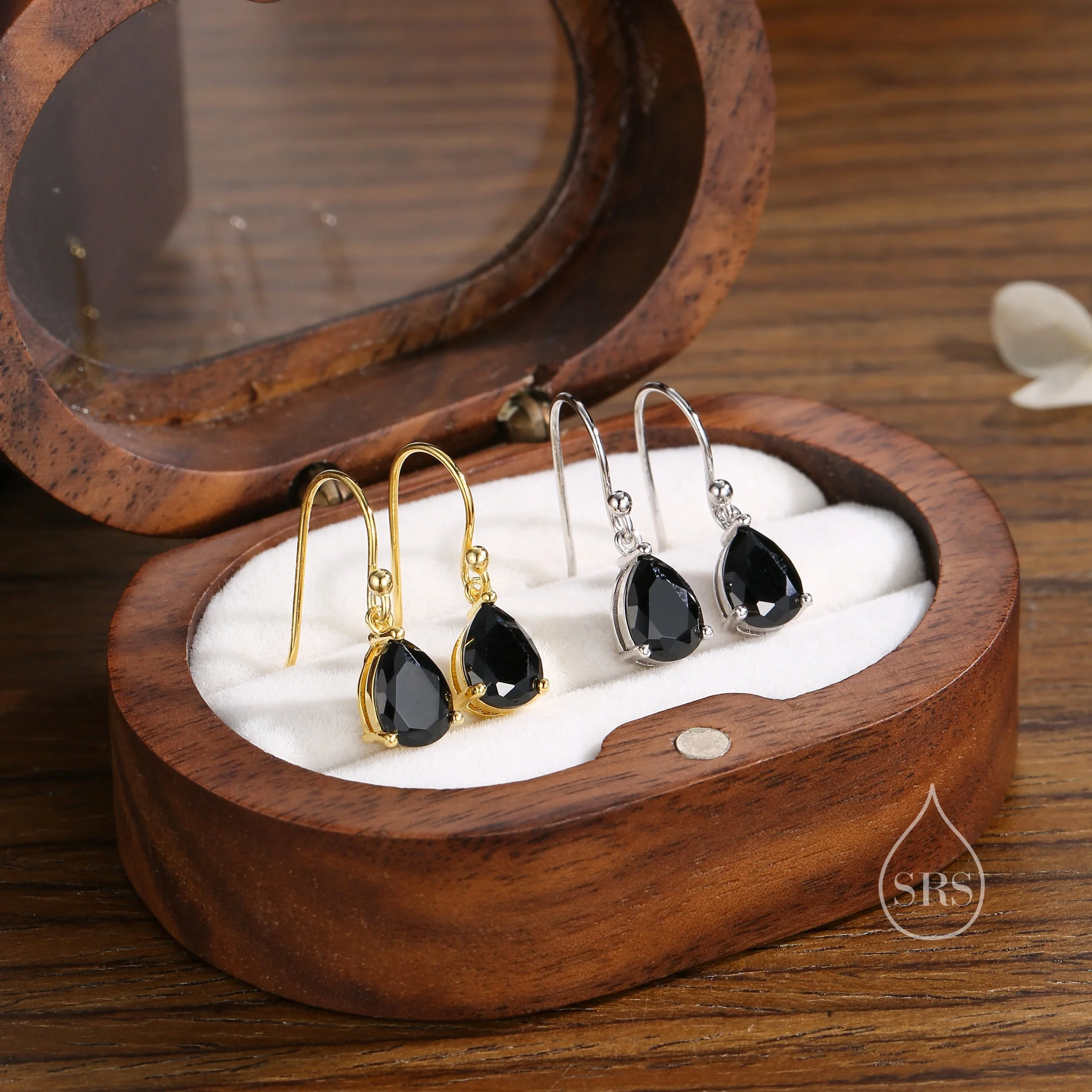 Sterling Silver Onyx Black CZ Droplet Drop Earrings in Sterling Silver, Silver or Gold, Pear Shape Hook Earrings - Image 6