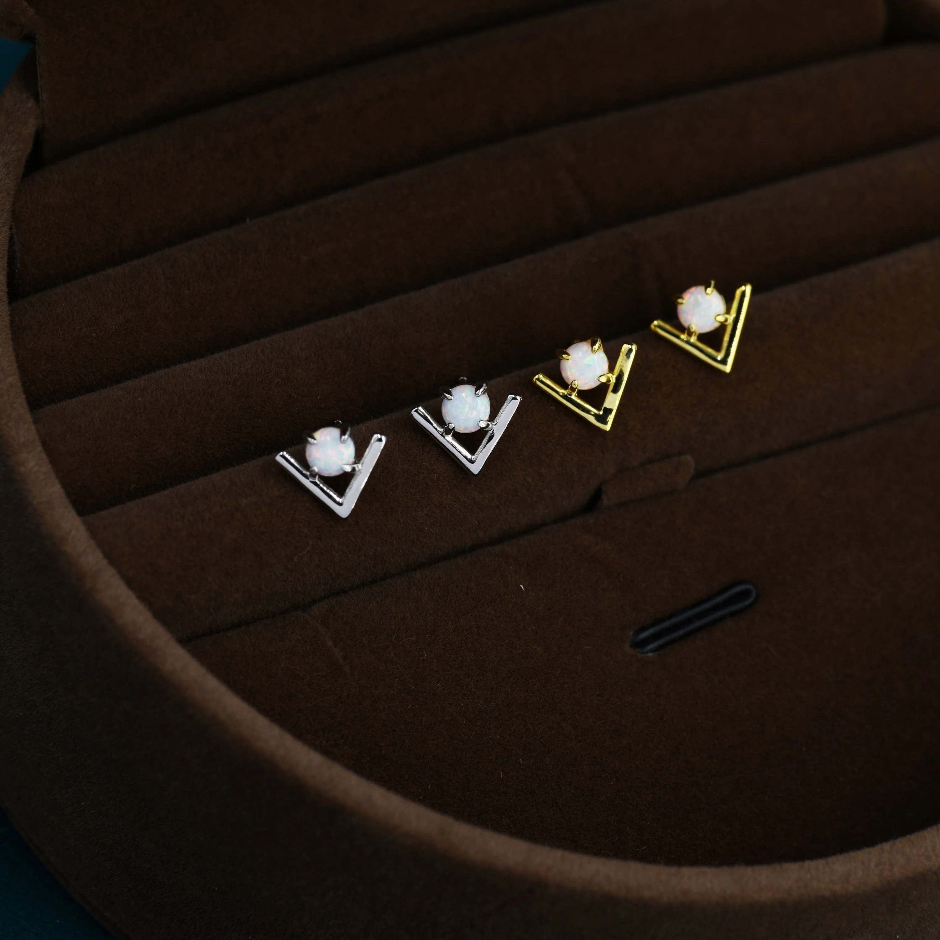 Sterling Silver Opal Chevron Stud Earrings, V shape Opal Earrings, Geometric Opal Earrings, Lab Opal Studs - Image 6