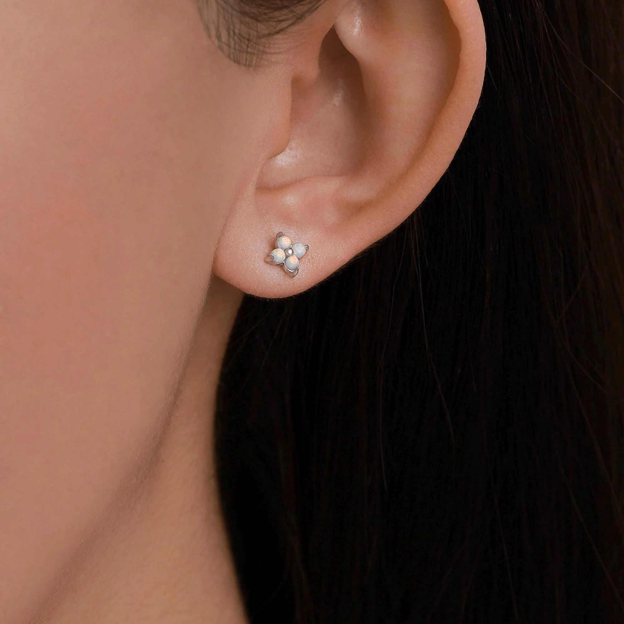 Sterling Silver Opal Clover Cluster 16G Internally Threaded Flat Back Earrings - Image 2