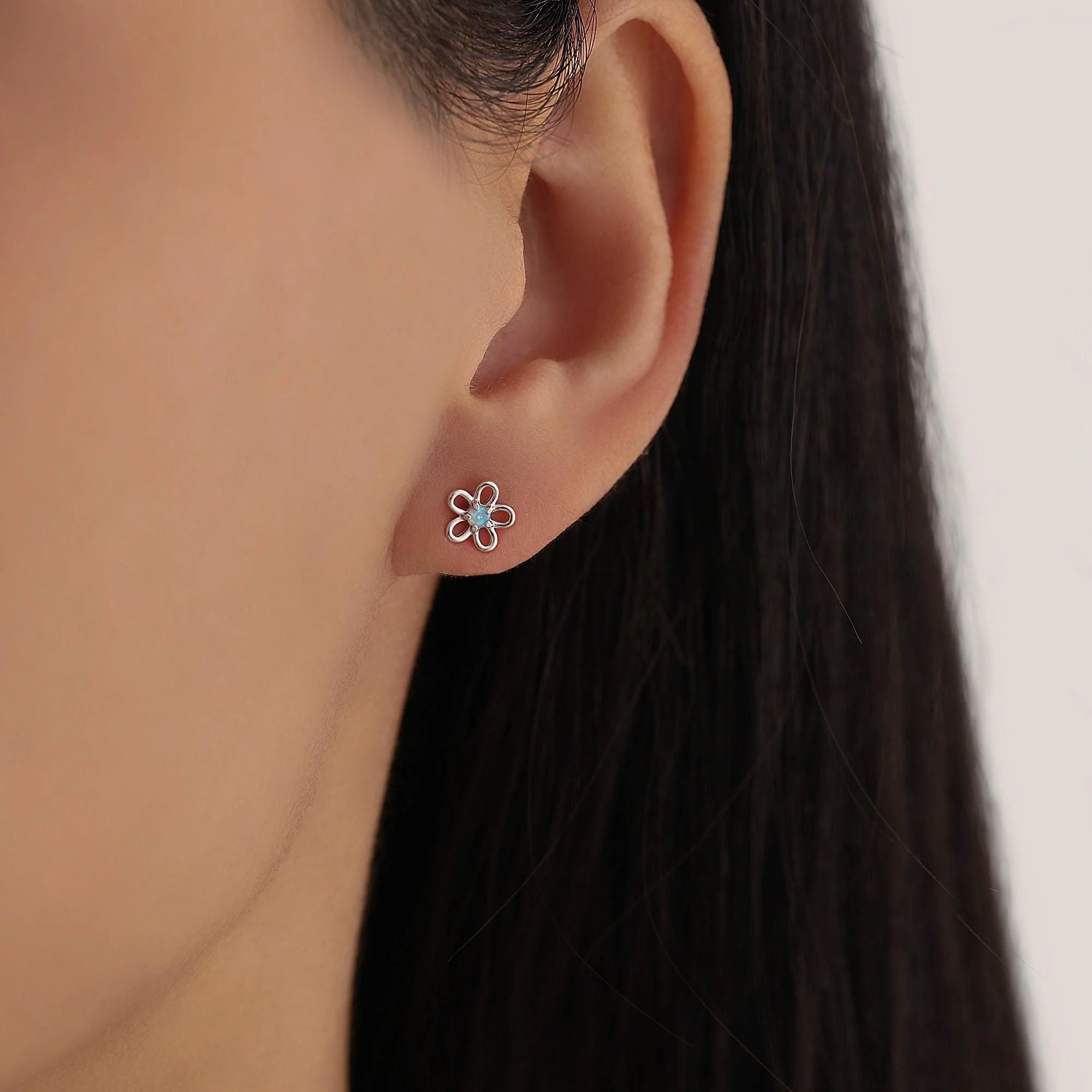 Sterling Silver Opal Flower 16G Flat Back Stud Earrings - Image 2