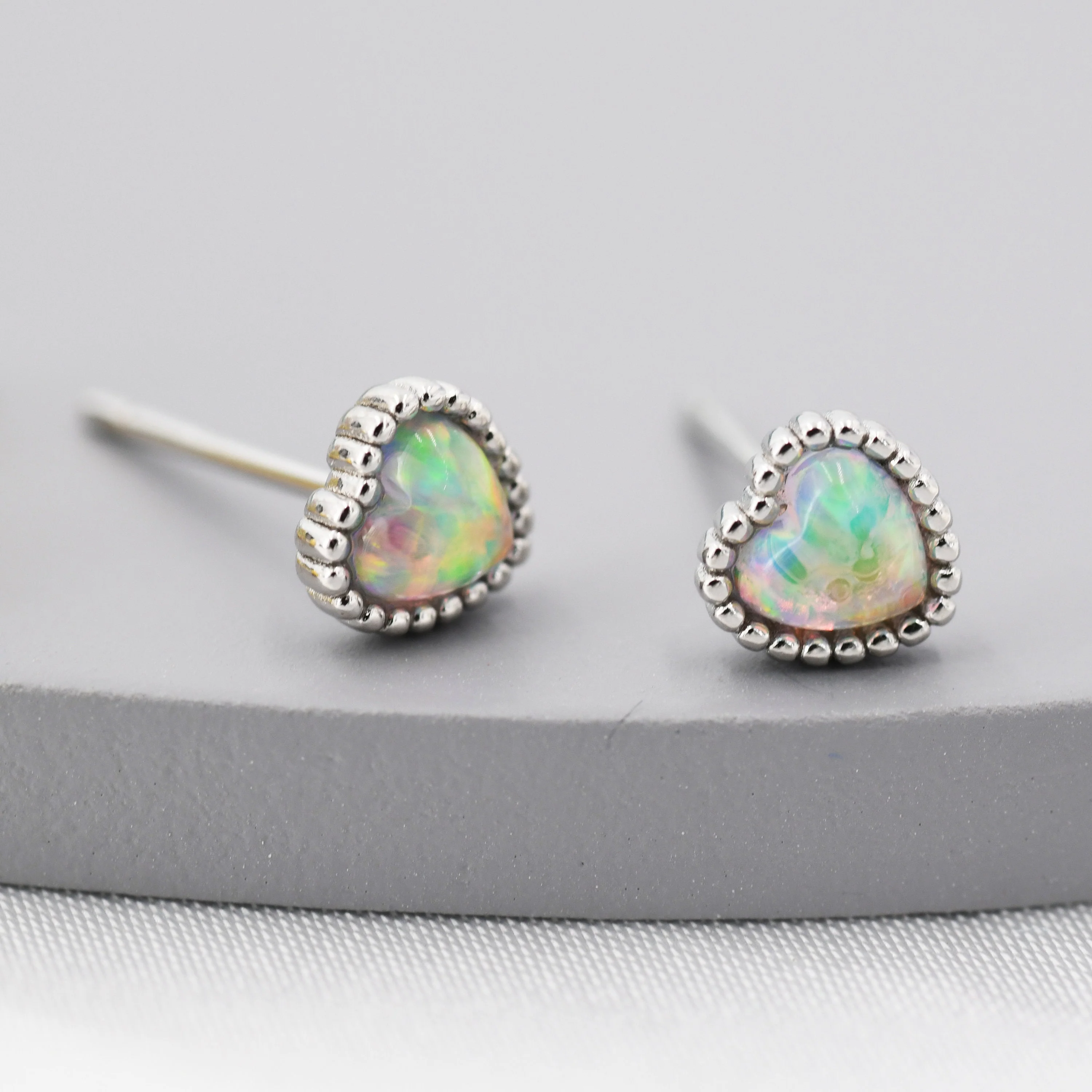 Sterling Silver Opal Heart Stud Earrings, Silver or Gold, Stacking Earrings, Opal Earrings, Granulated, Dotted Bobble Beaded Heart - Image 5