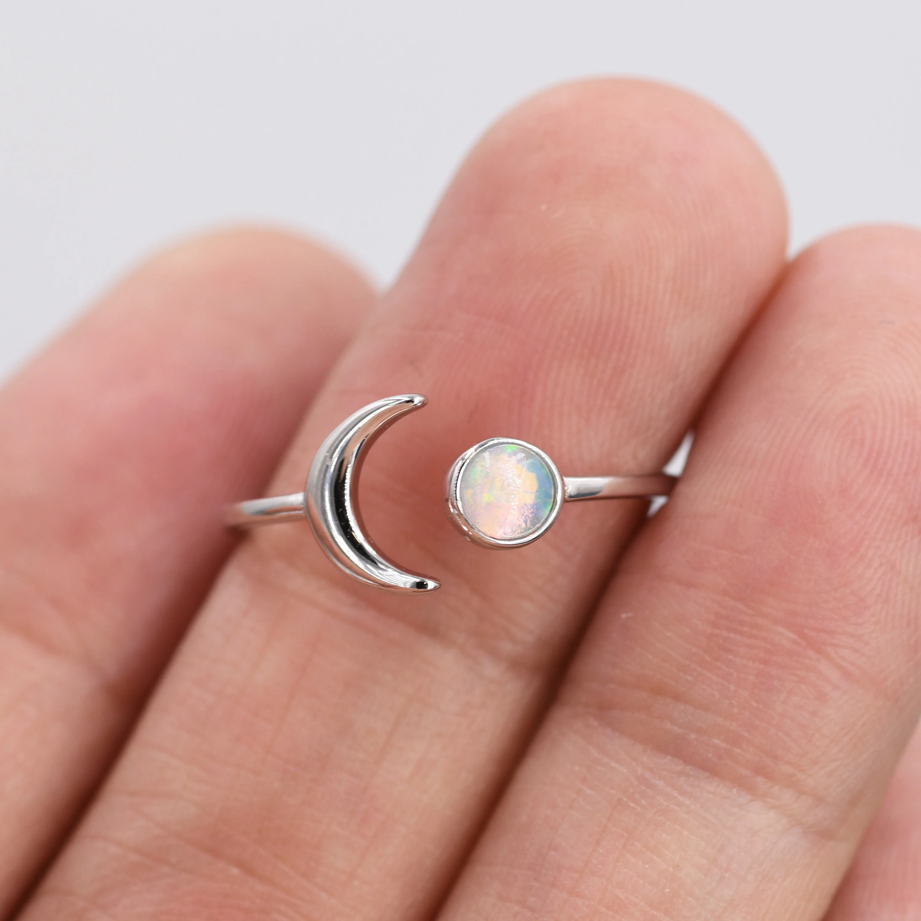 Sterling Silver Opal Moon Ring, Full Moon and Cresent Moon, Adjustable Sized Ring, Open Ring, Stacking Rings - Image 2