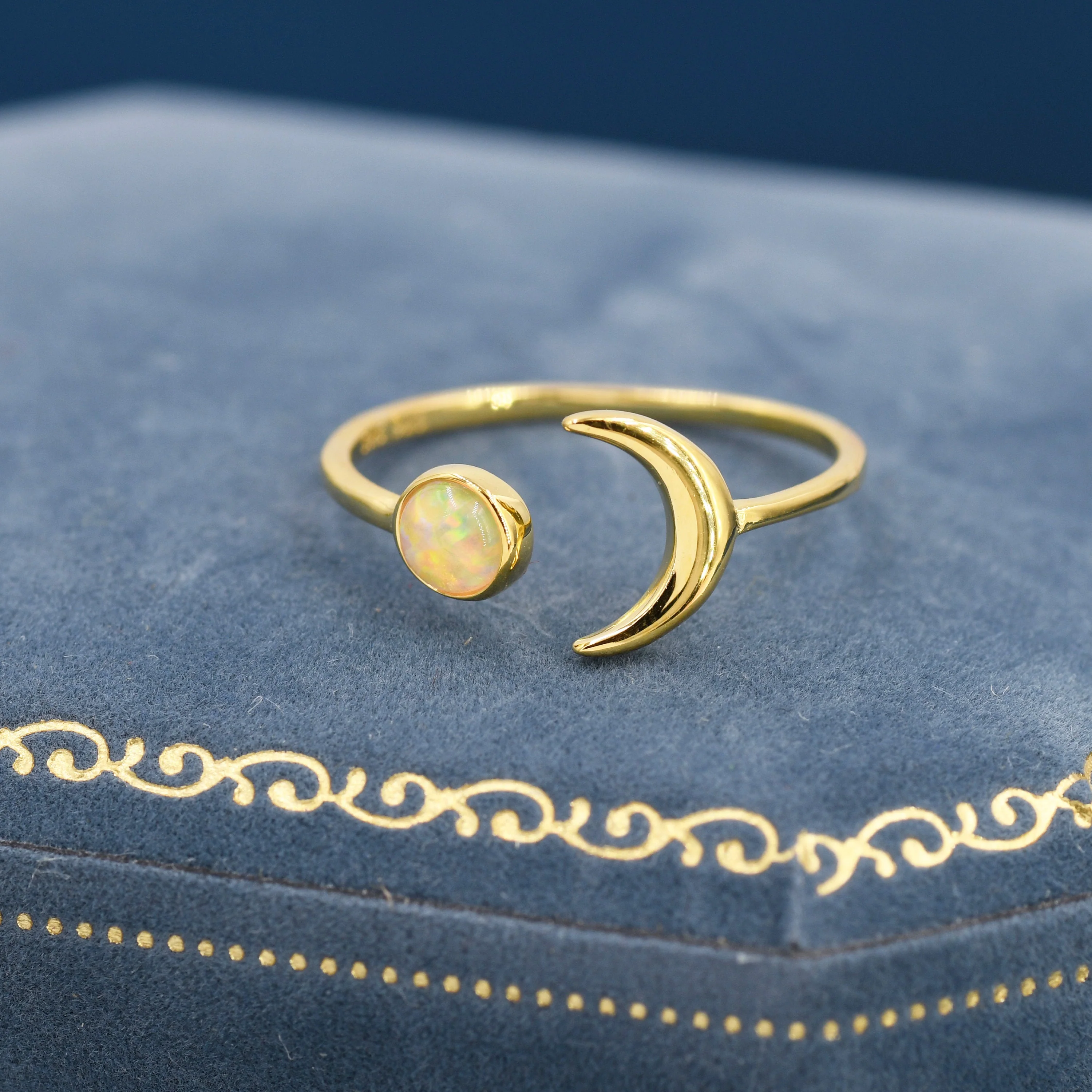 Sterling Silver Opal Moon Ring, Full Moon and Cresent Moon, Adjustable Sized Ring, Open Ring, Stacking Rings - Image 3