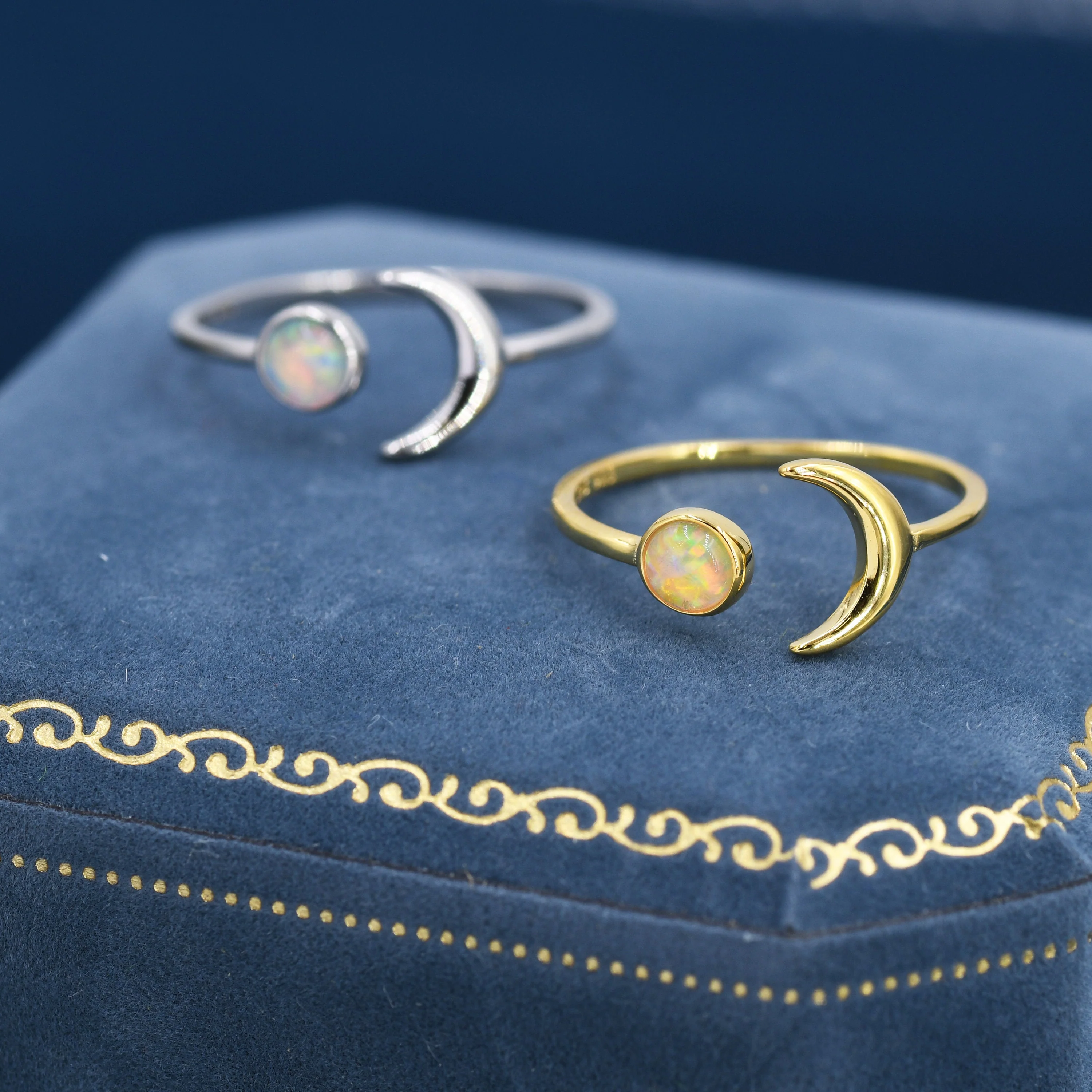 Sterling Silver Opal Moon Ring, Full Moon and Cresent Moon, Adjustable Sized Ring, Open Ring, Stacking Rings - Image 4