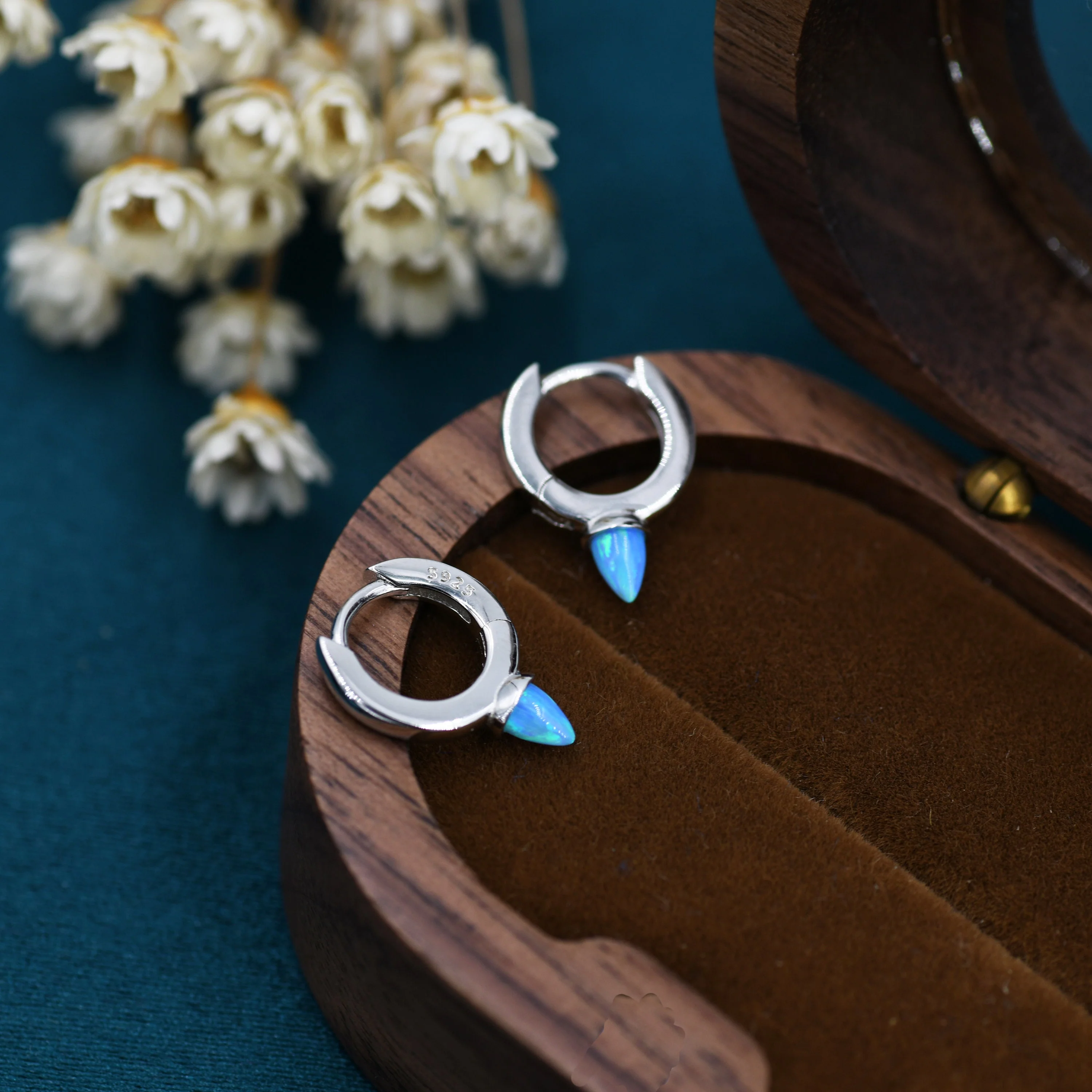 Sterling Silver Opal Spike Huggie Hoop Earrings, Blue and White Opal, Gold or Silver Minimalist Geometric Hoop Earrings - Image 4