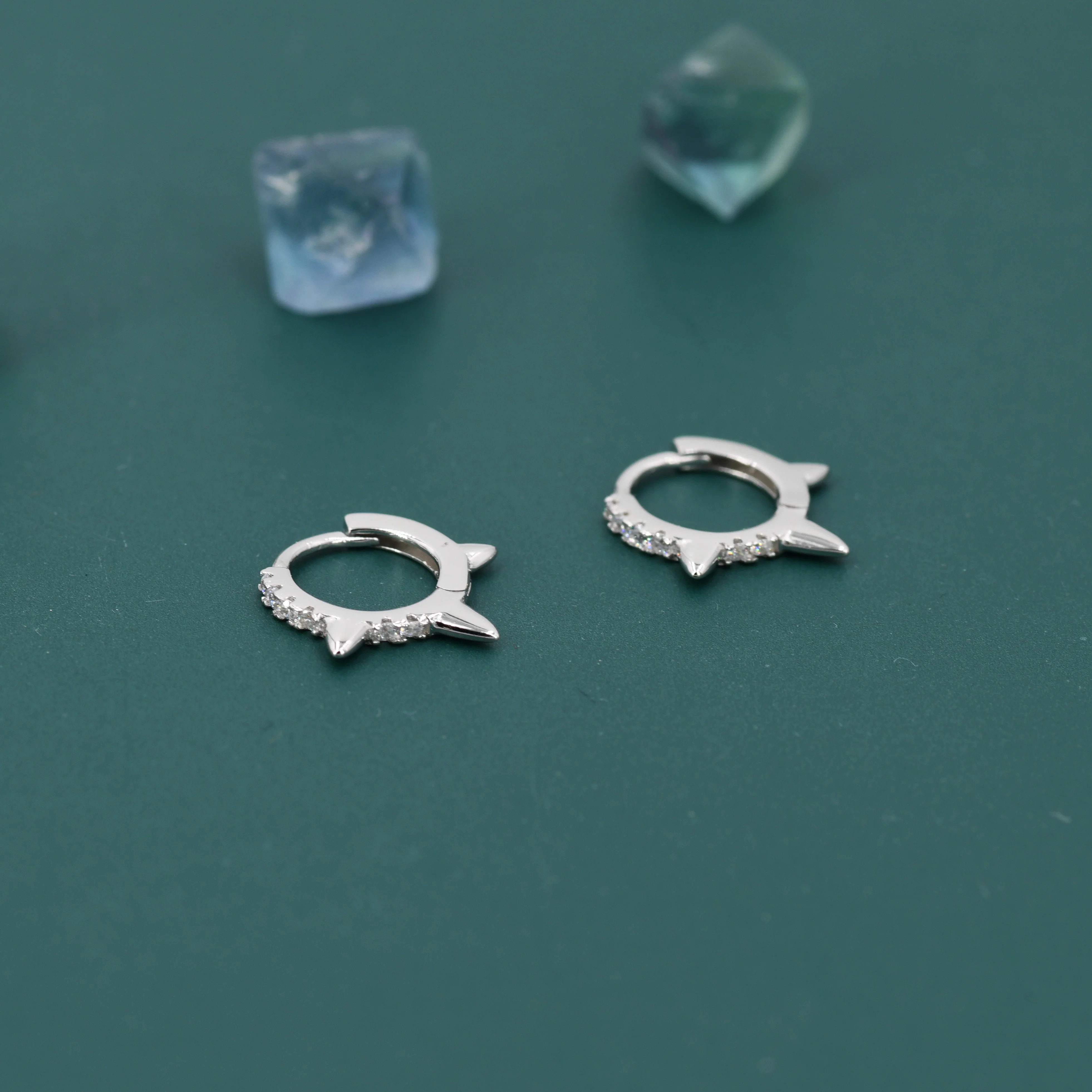 Triple Spike Huggie Hoop Earrings, Sterling Silver with CZ Crystal Pavé - Image 6