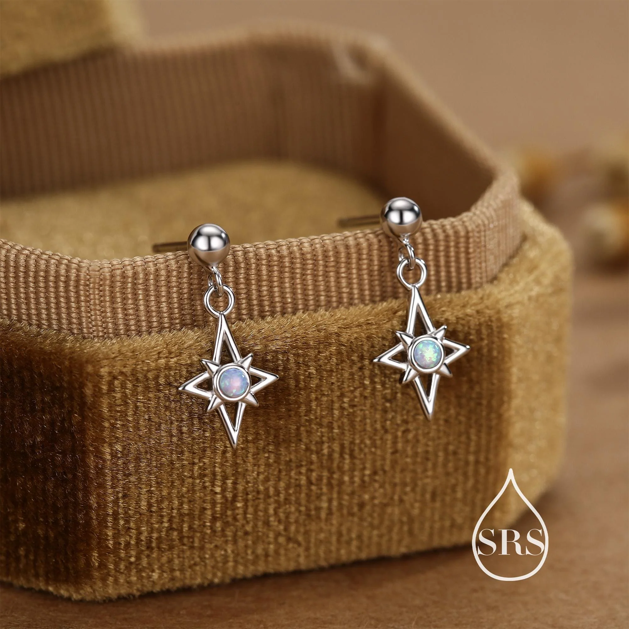Sterling Silver Opal Star Drop Stud Earrings - Image 2