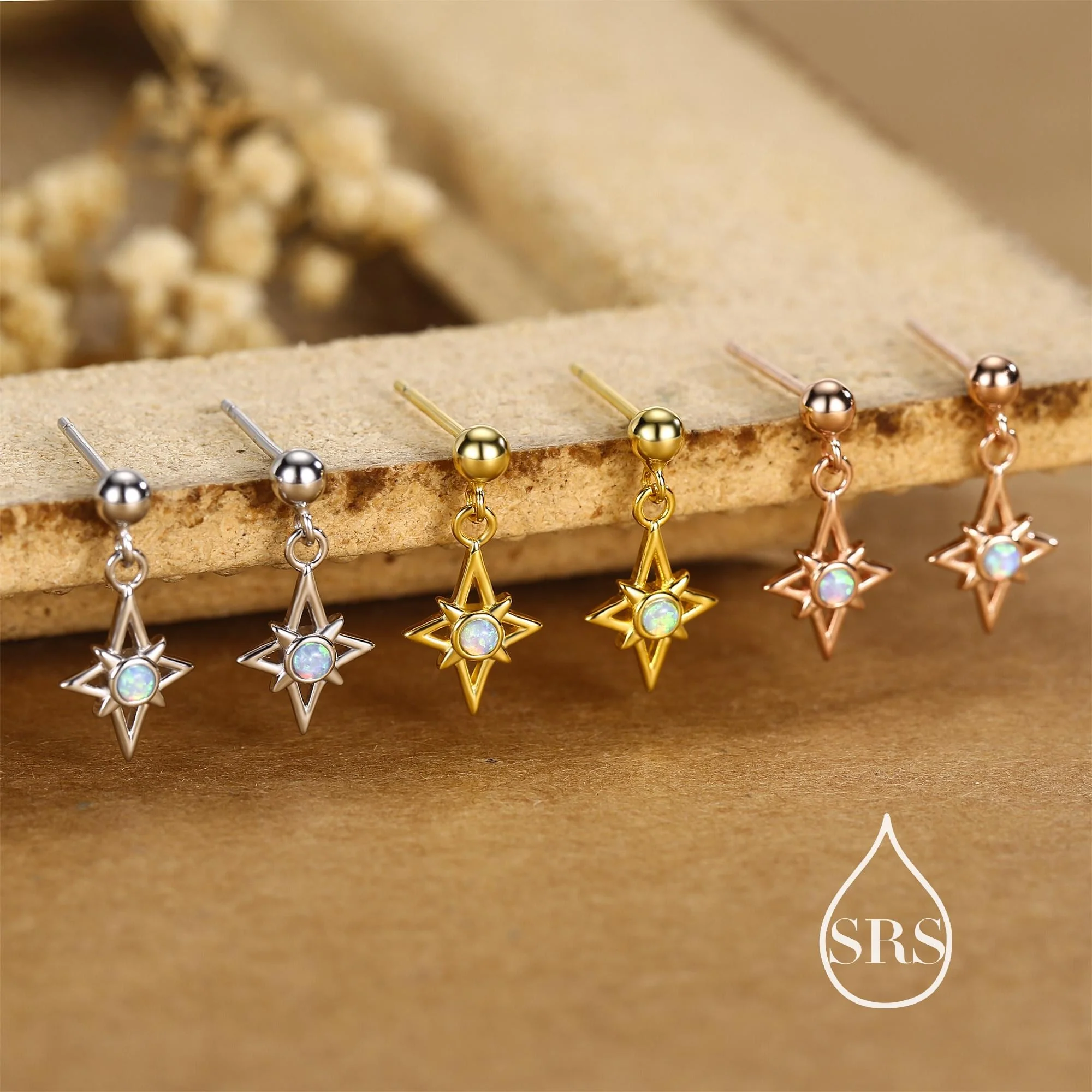 Sterling Silver Opal Star Drop Stud Earrings - Image 3