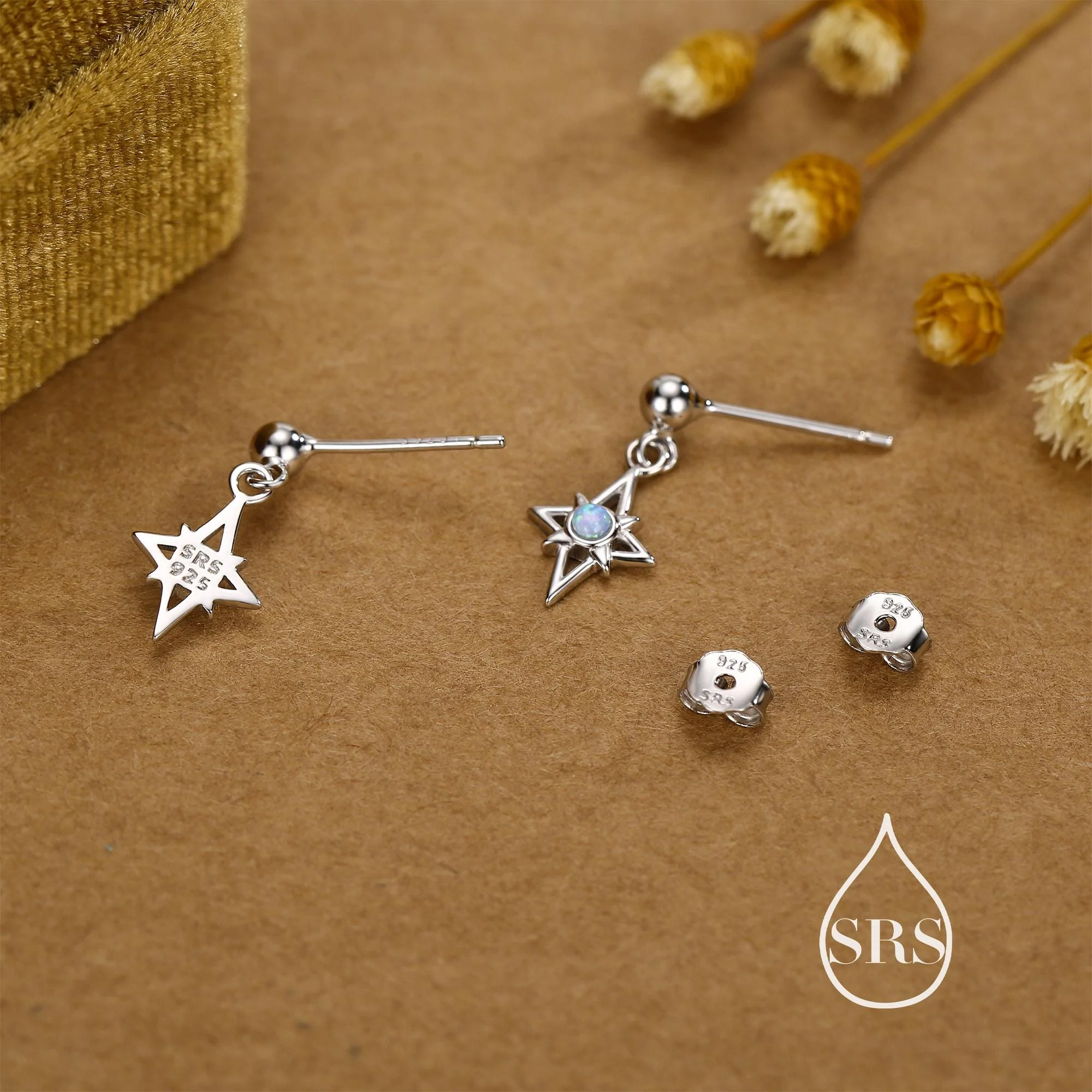 Sterling Silver Opal Star Drop Stud Earrings - Image 4