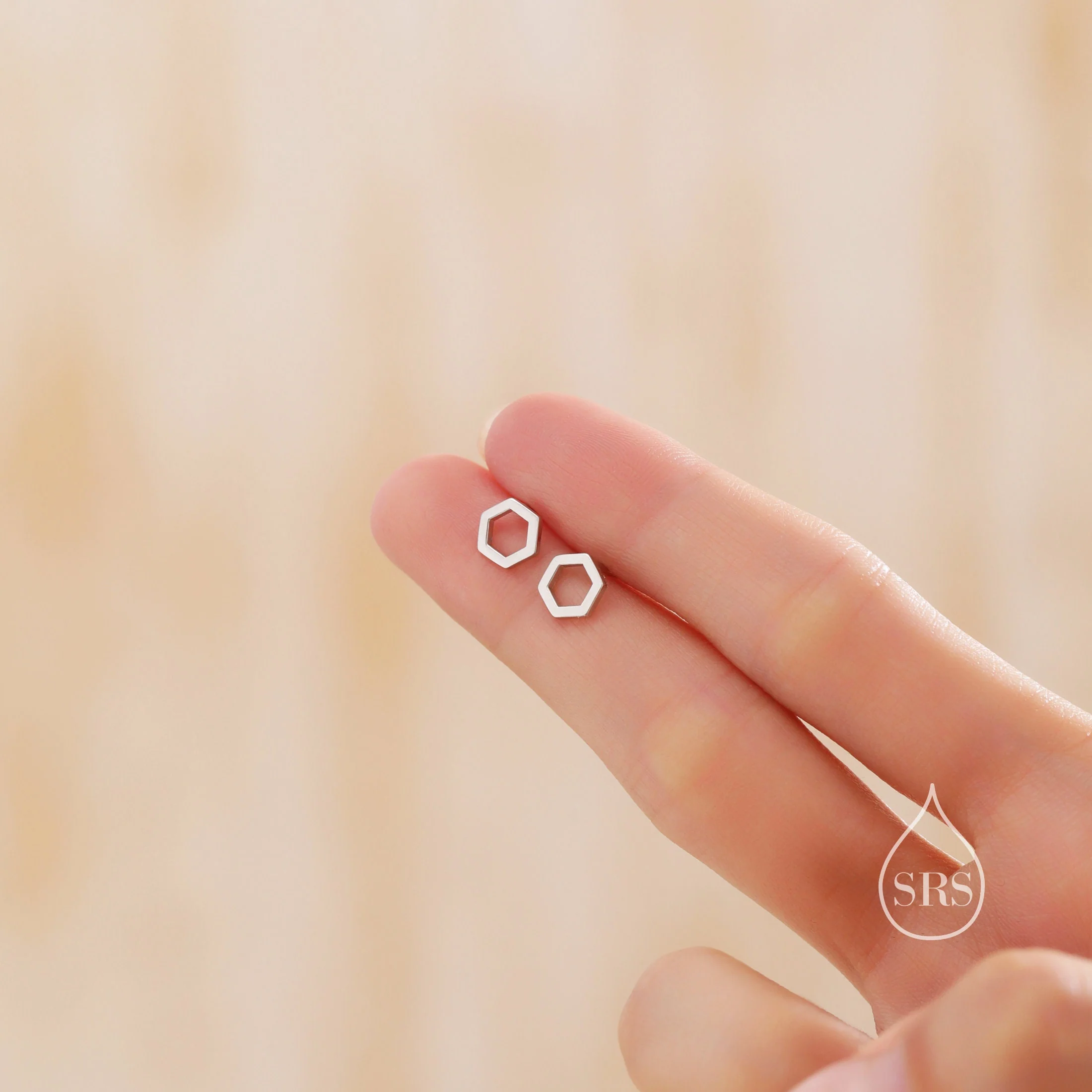 Sterling Silver Open Hexagon Stud Earrings, Silver, Gold and Rose Gold Finish Minimalist and Geometric Design - Image 2