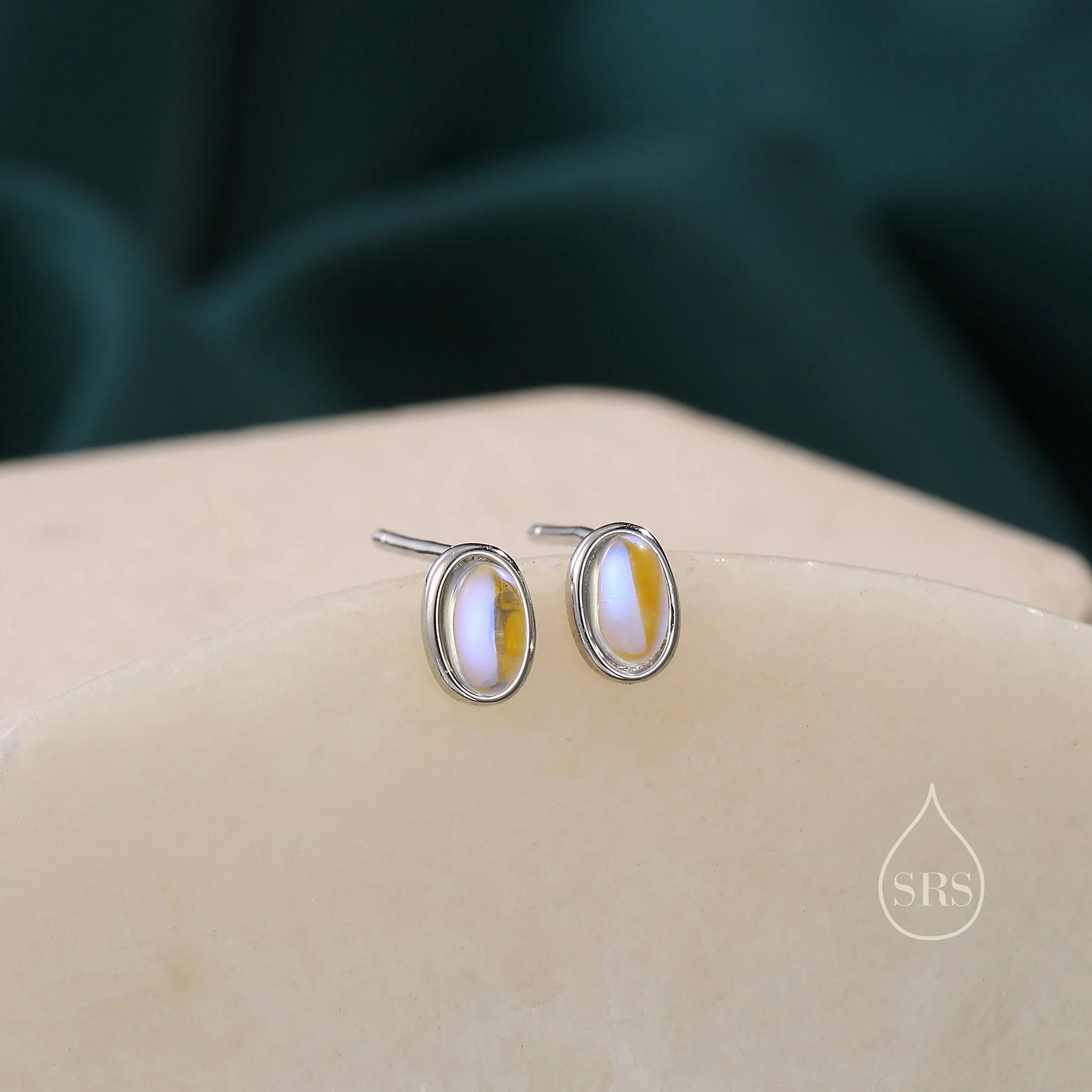 Sterling Silver Oval Moonstone Stud Earrings, Lab Moonstone Earrings, Minimalist Moonstone Earrings - Image 3