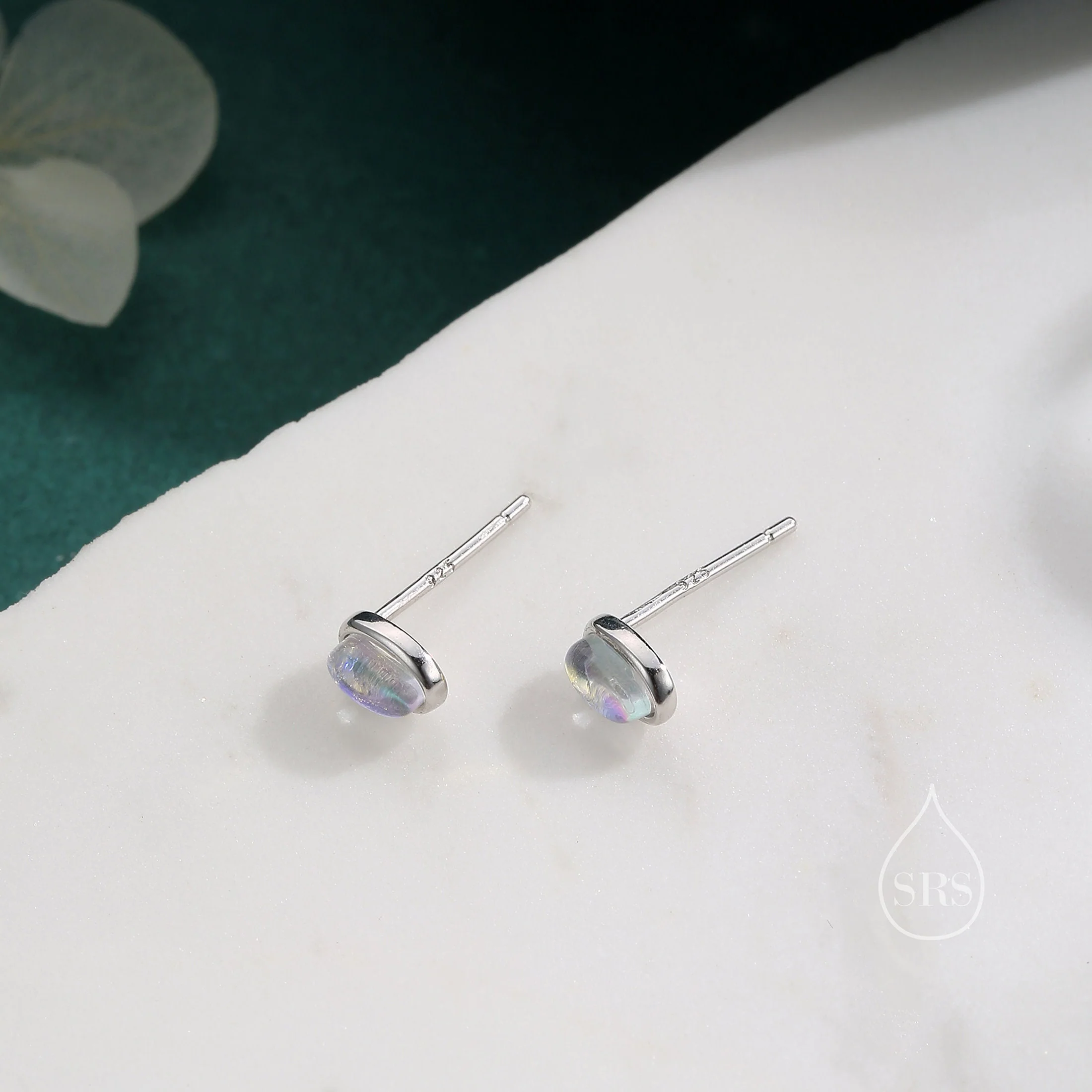 Sterling Silver Oval Moonstone Stud Earrings, Lab Moonstone Earrings, Minimalist Moonstone Earrings - Image 5