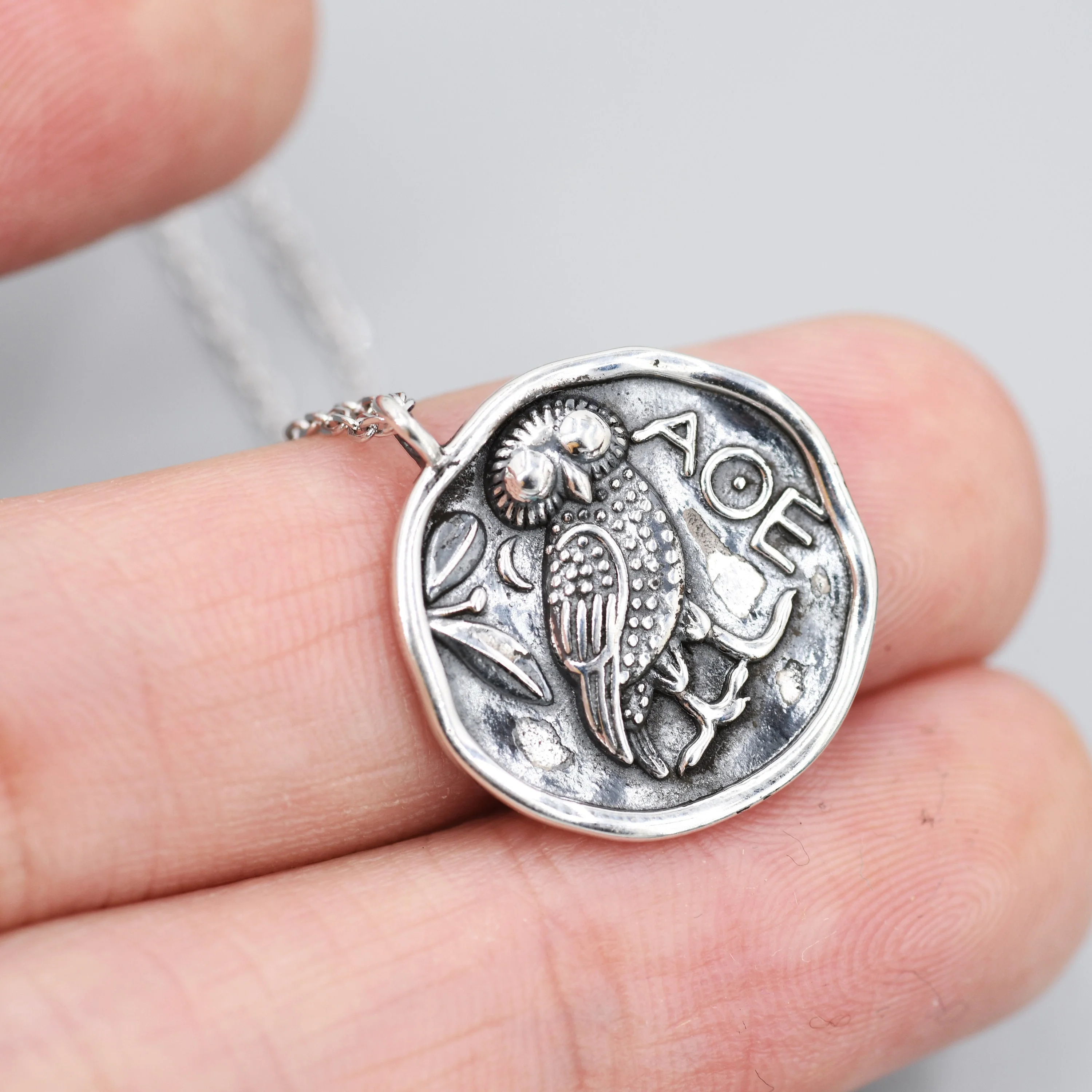 Sterling Silver Oxidised Greek Coin Pendant Necklace - Owl Coin Necklace, Owl of Athena Coin Necklace in Silver, Ancient Greek Coin Inspired,Bird necklace