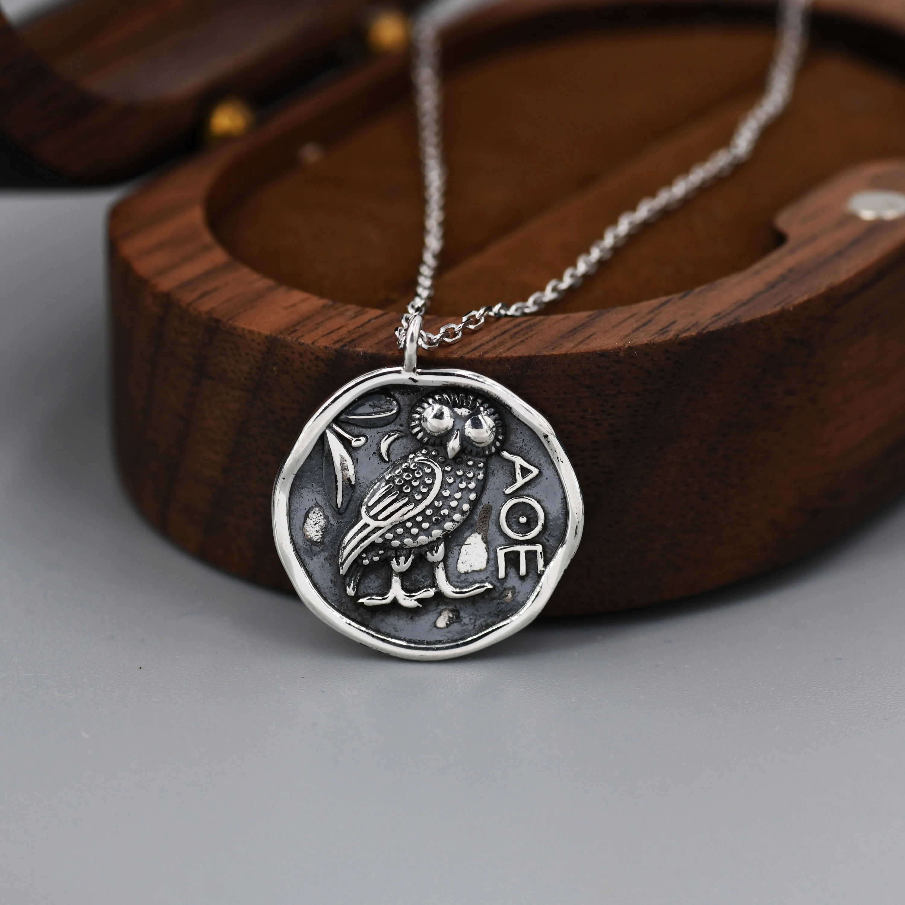 Sterling Silver Oxidised Greek Coin Pendant Necklace - Owl Coin Necklace, Owl of Athena Coin Necklace in Silver, Ancient Greek Coin Inspired,Bird necklace - Image 3