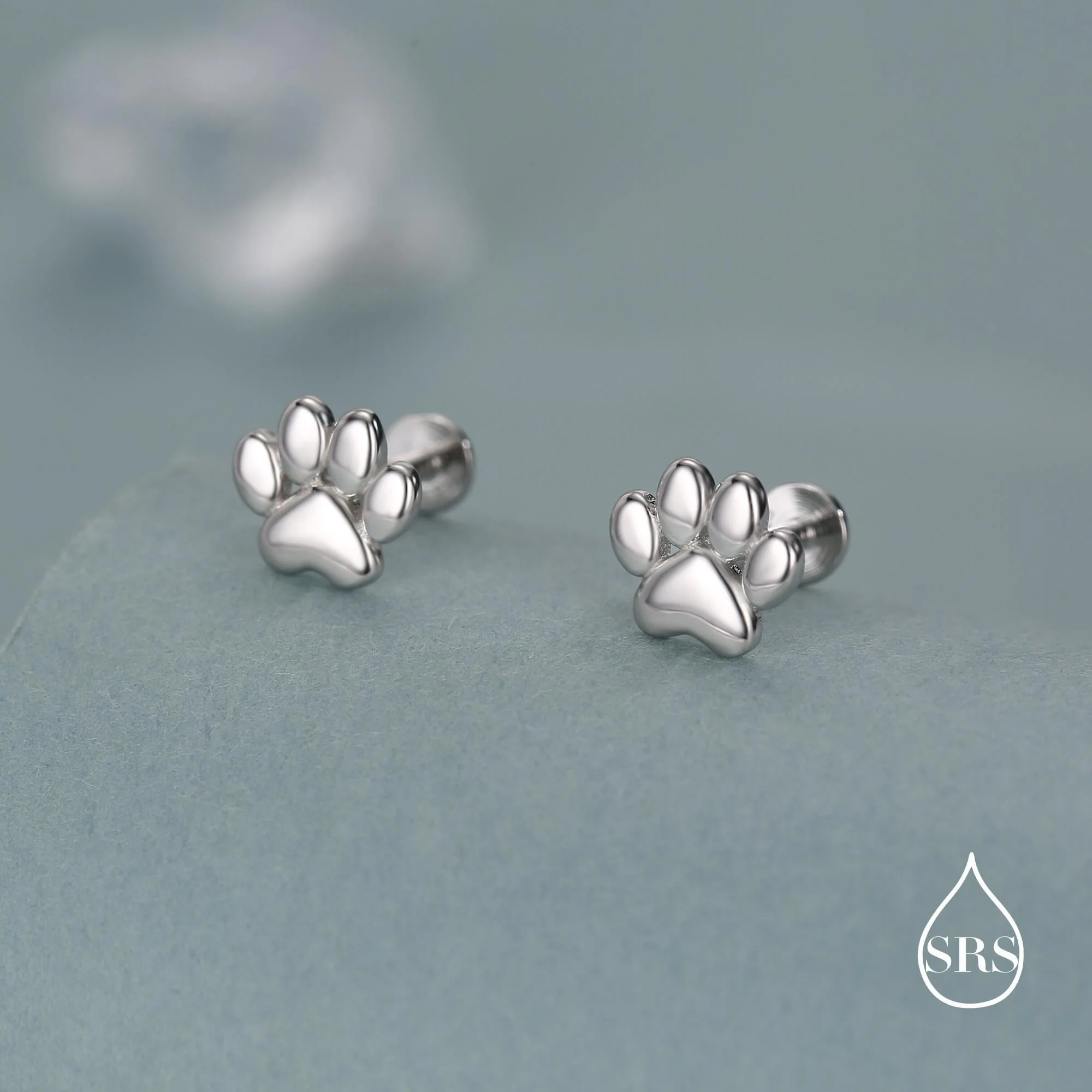 Sterling Silver Paw Print Flat-Back Studs for Animal Lovers, 16G Flat Back Earrings