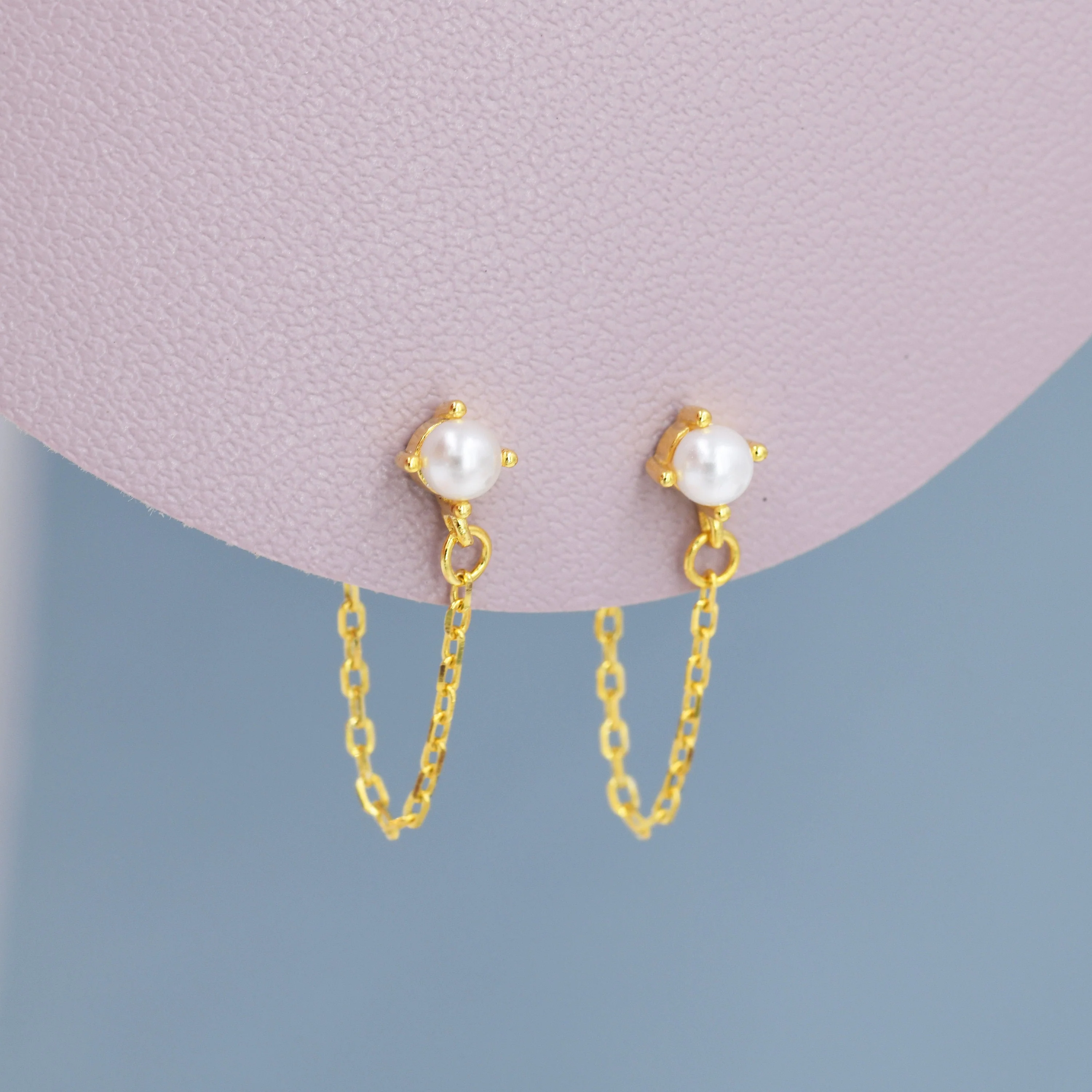 Sterling Silver Pearl and Chain Earrings in Sterling Silver, Silver or Gold or Rose Gold, Tiny Ear Jacket, Dainty Jewellery - Image 2