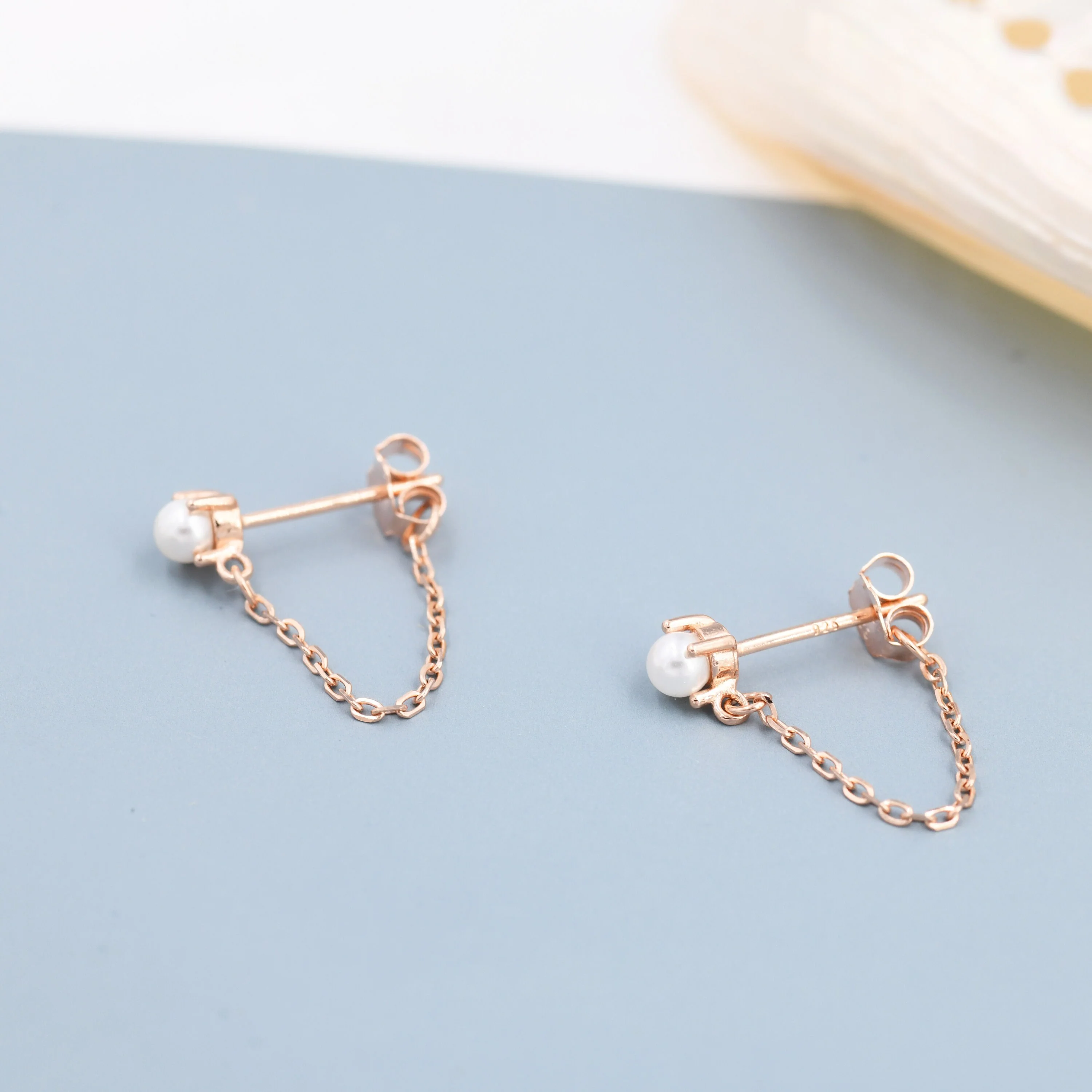 Sterling Silver Pearl and Chain Earrings in Sterling Silver, Silver or Gold or Rose Gold, Tiny Ear Jacket, Dainty Jewellery - Image 6