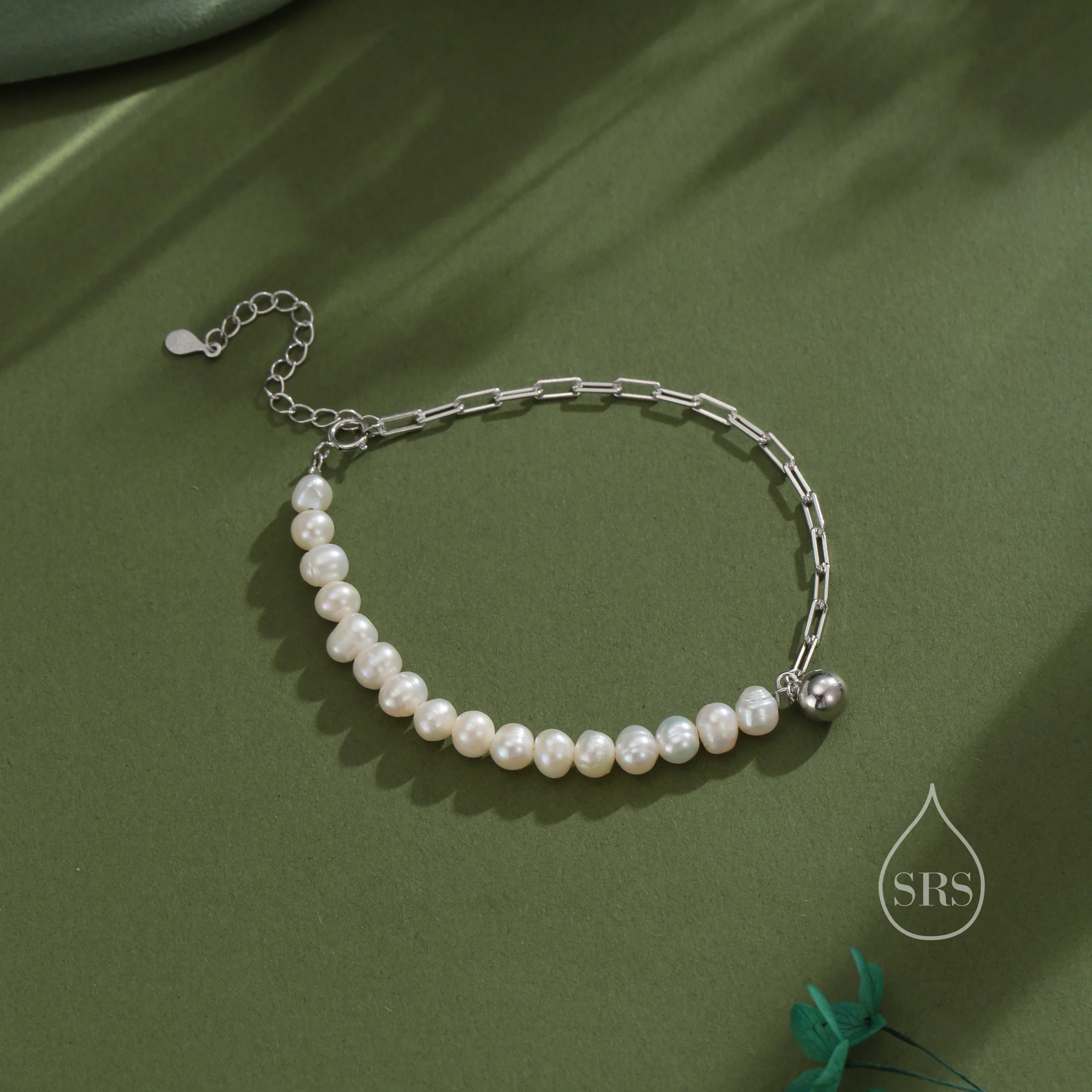 Sterling Silver Pearl and Paperclip Beaded Bracelet, Silver or Gold, Genuine Freshwater Pearls, Natural Pearl Bracelet, Ivory Pearls