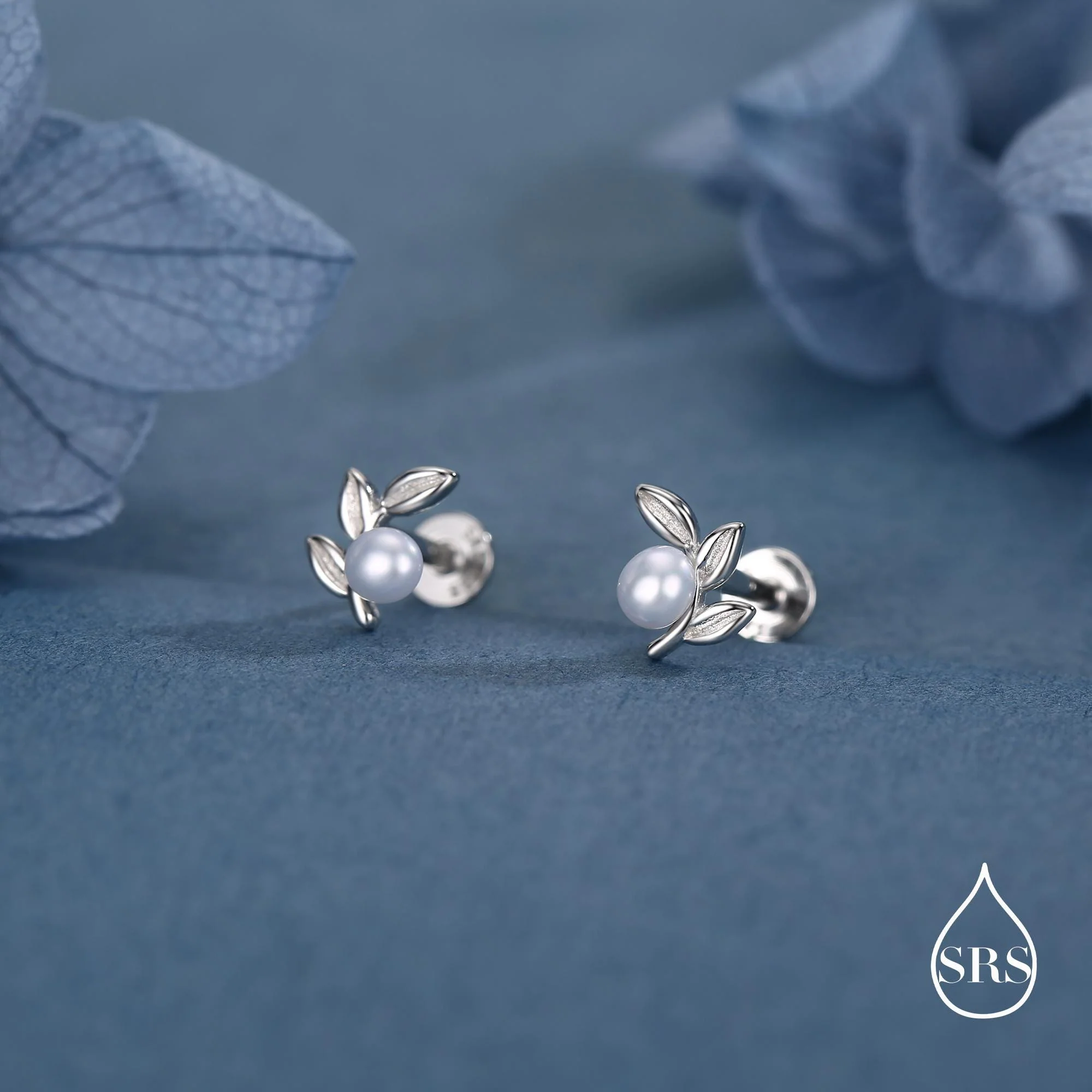 Sterling Silver Pearl Leaf 16G Flat Back Earrings Internally Threaded