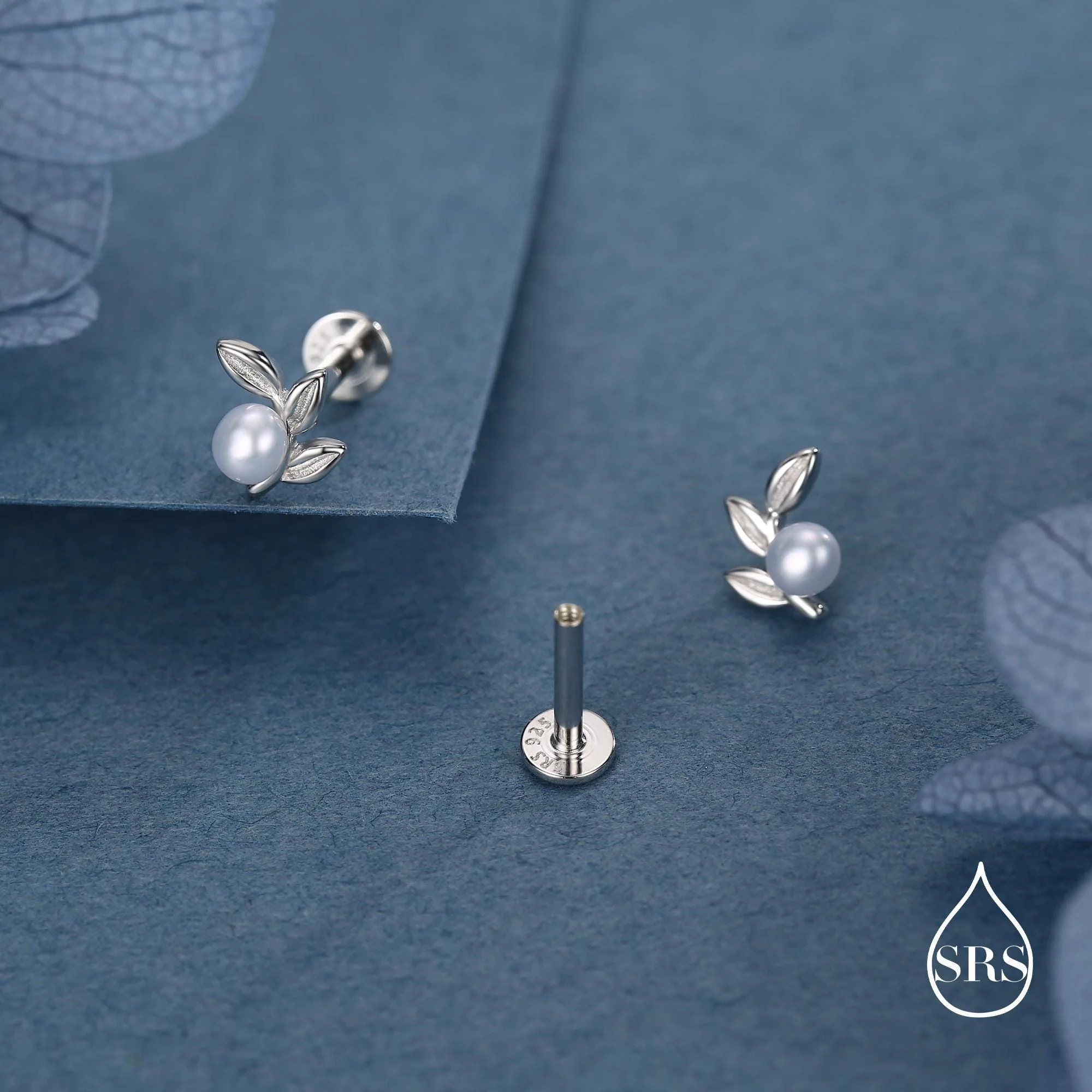 Sterling Silver Pearl Leaf 16G Flat Back Earrings Internally Threaded - Image 3