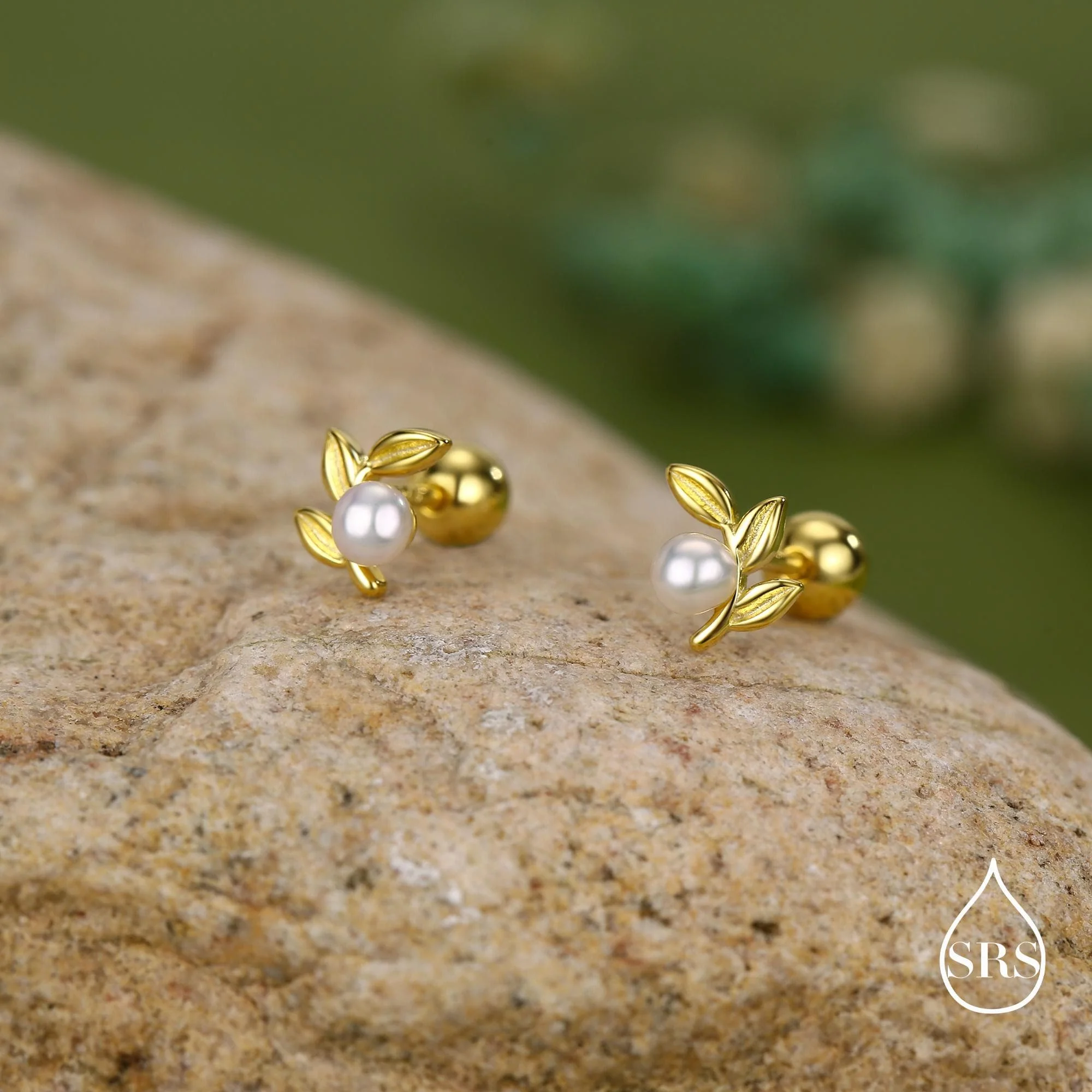 Sterling Silver Pearl Leaf Screw Back Earrings with Ball Backs - Image 5