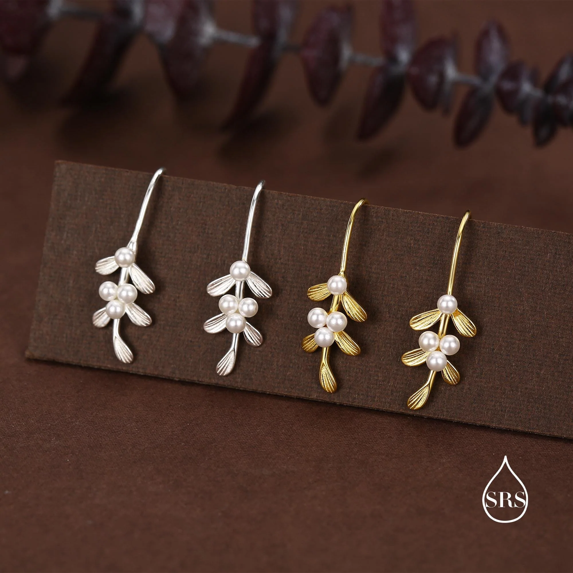 Sterling Silver Pearl Mistletoe Drop Hook Earrings - Image 5