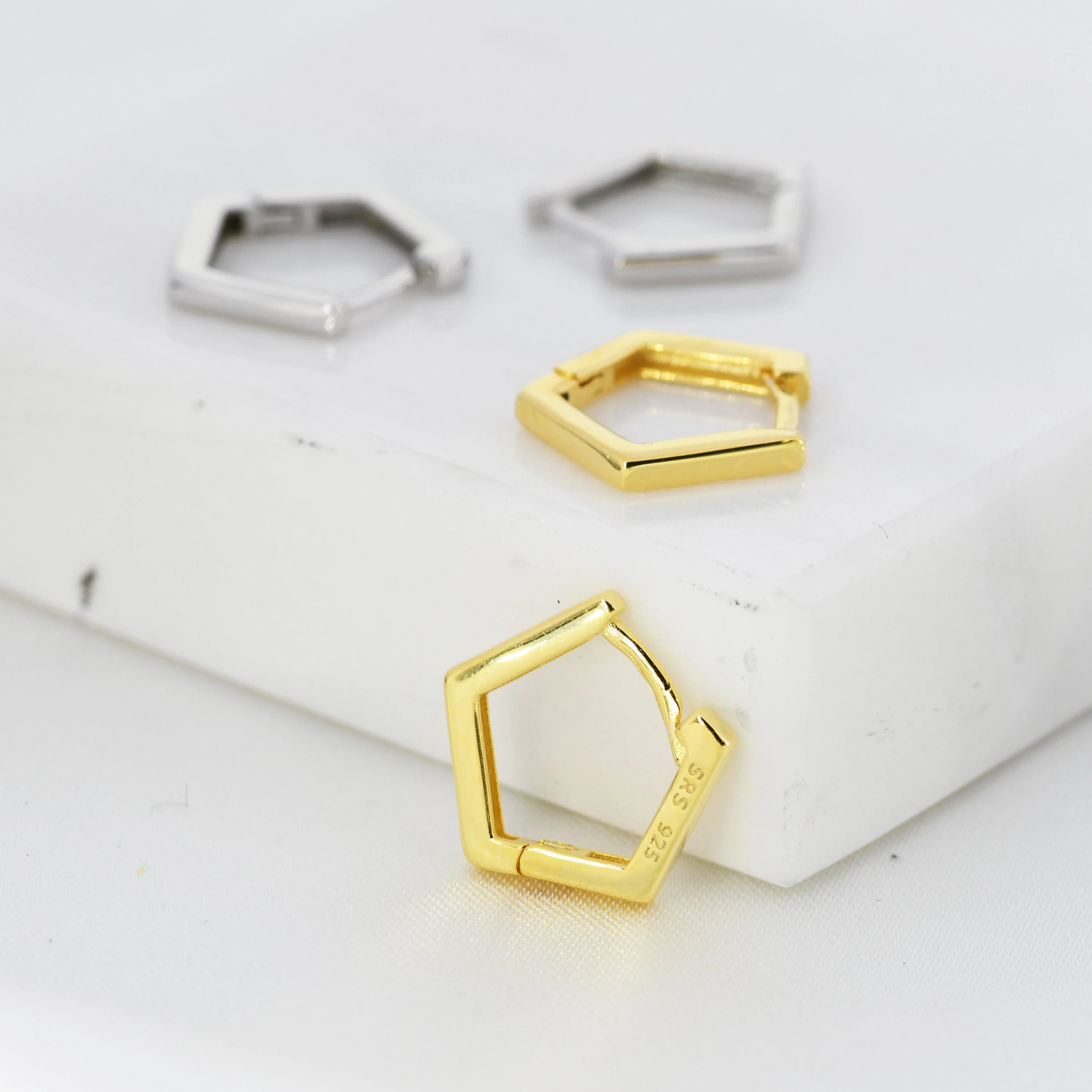 Sterling Silver Pentagon Huggie Hoop Earrings, Silver or Black, Silver or Gold, Geometric Design, Classic and Elegant Jewellery - Image 3