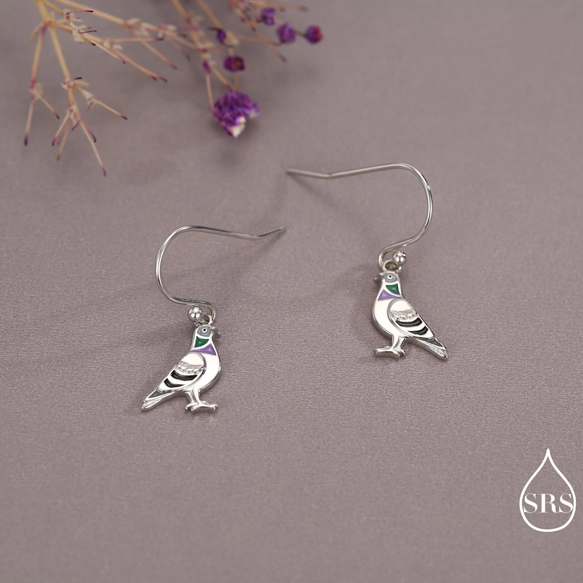 Sterling Silver Pigeon Bird Drop Hook Earrings, Enamel Coated Pigeon Dangle Earrings, Nature Inspired Animal Earrings - Image 3