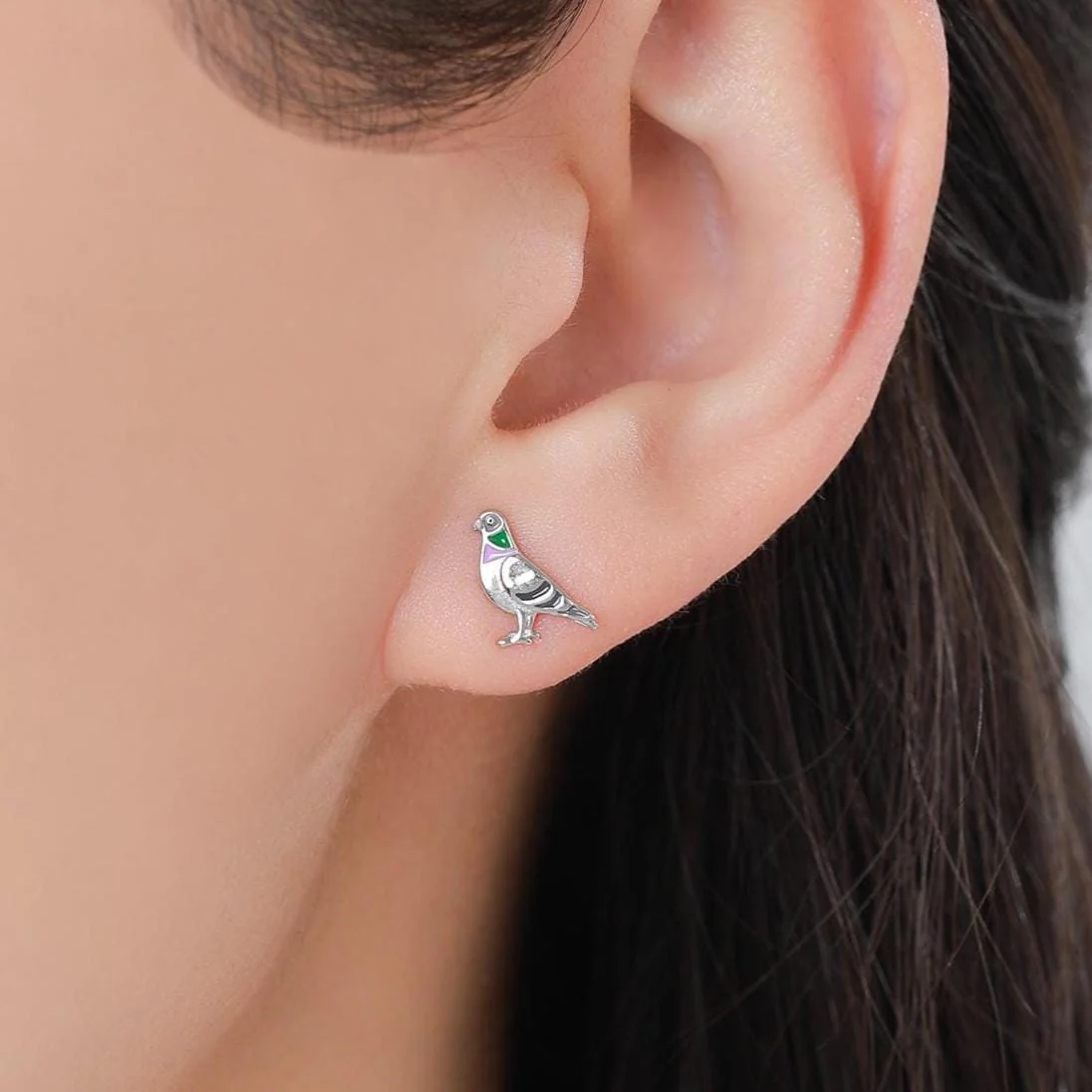 Sterling Silver Pigeon Enamel 18G Screw Back Stud Earrings with Ball Backs,Bird Earrings - Image 7