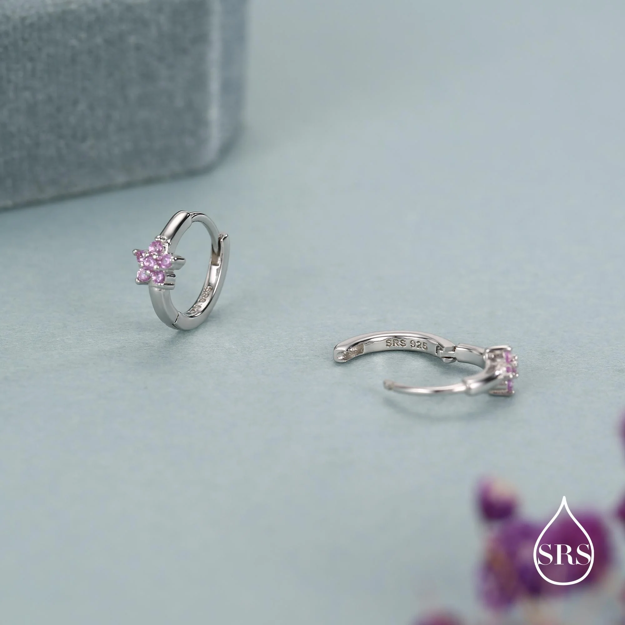 Sterling Silver Pink Crystal Cluster Huggie Hoop Earrings - Image 2