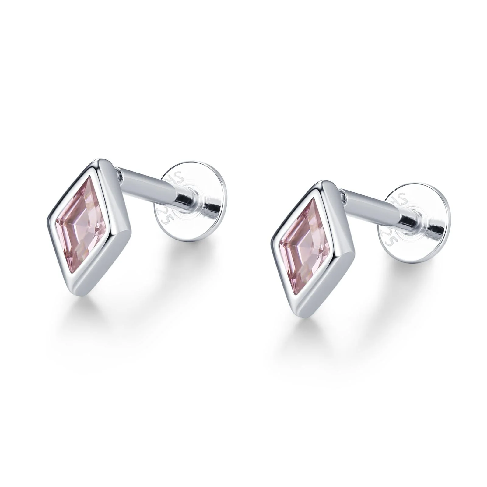 Sterling Silver Pink CZ Rhombus 16G Flat Back Labret Earrings - Image 9