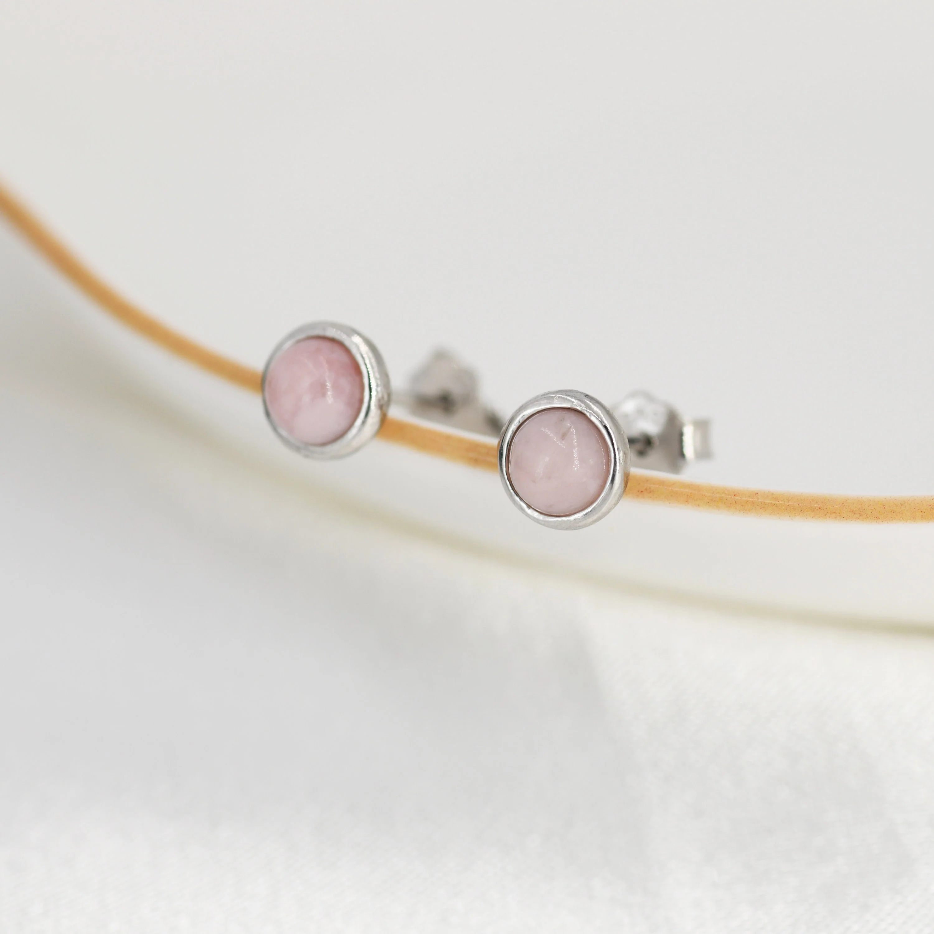 Sterling Silver Pale Pink Opal Tiny Stud Earrings, Genuine Pink Opal Stud, Natural Semi-Precious Gemstones, 4mm, Bezel, Minimalist Earrings - Image 4