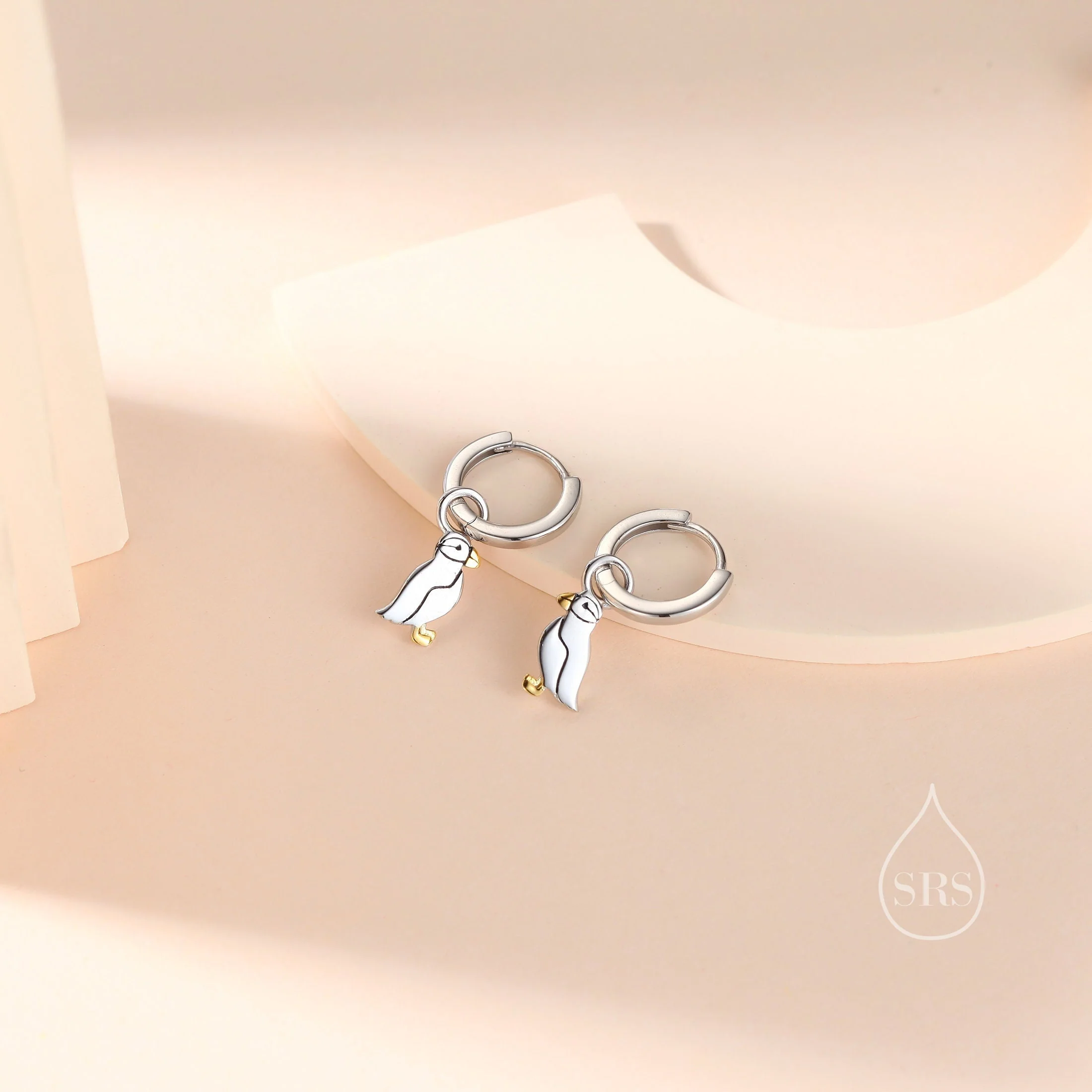 Sterling Silver Puffin Bird Dangle Huggie Hoops, Puffin Hoop Earrings, Dainty Dangle Earrings, Puffin Bird Earrings, Puffin Earrings
