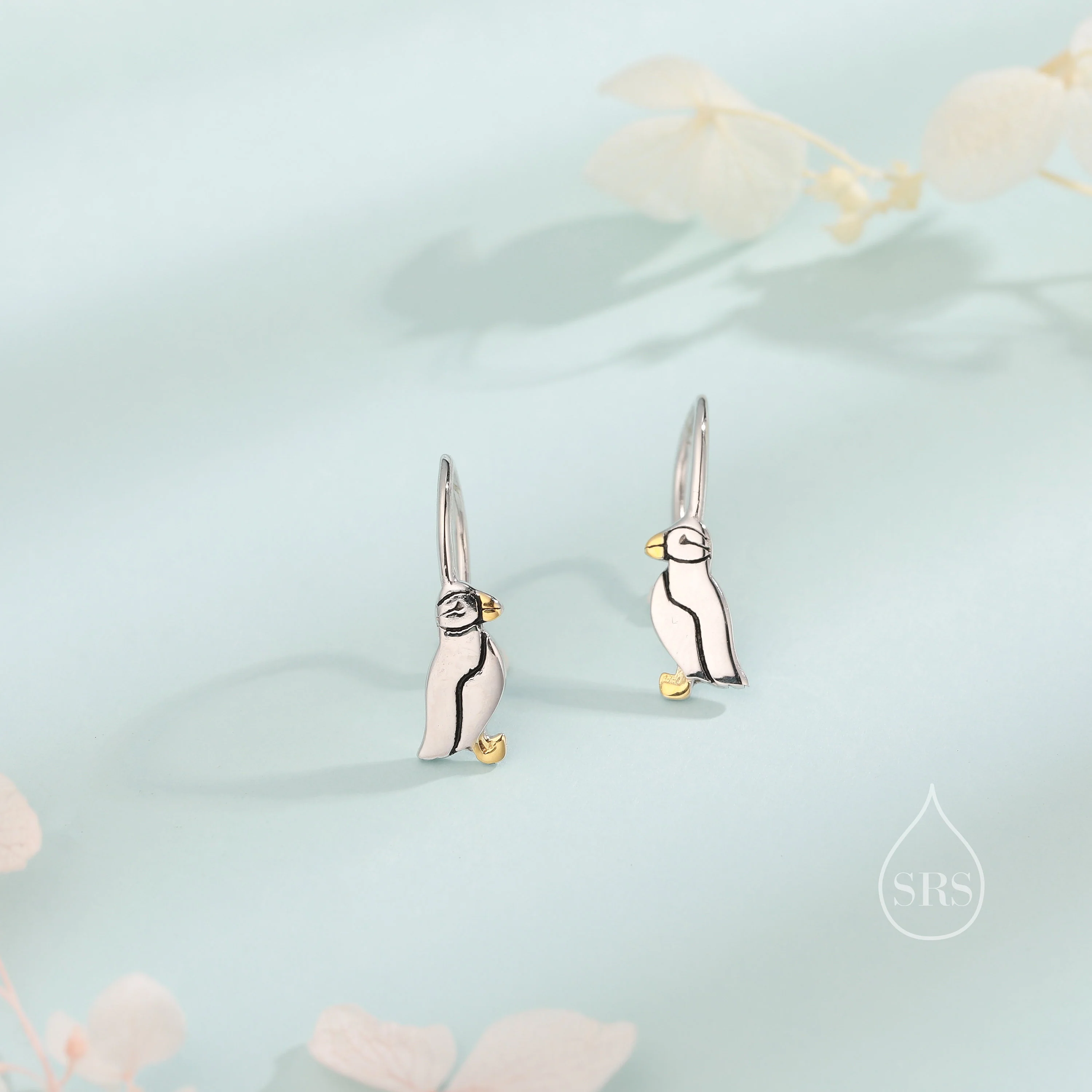 Sterling Silver Puffin Bird Hook Earrings, Puffin Drop Hook Earrings, Dainty Dangle Earrings, Puffin Bird Earrings, Puffin Earrings - Image 3