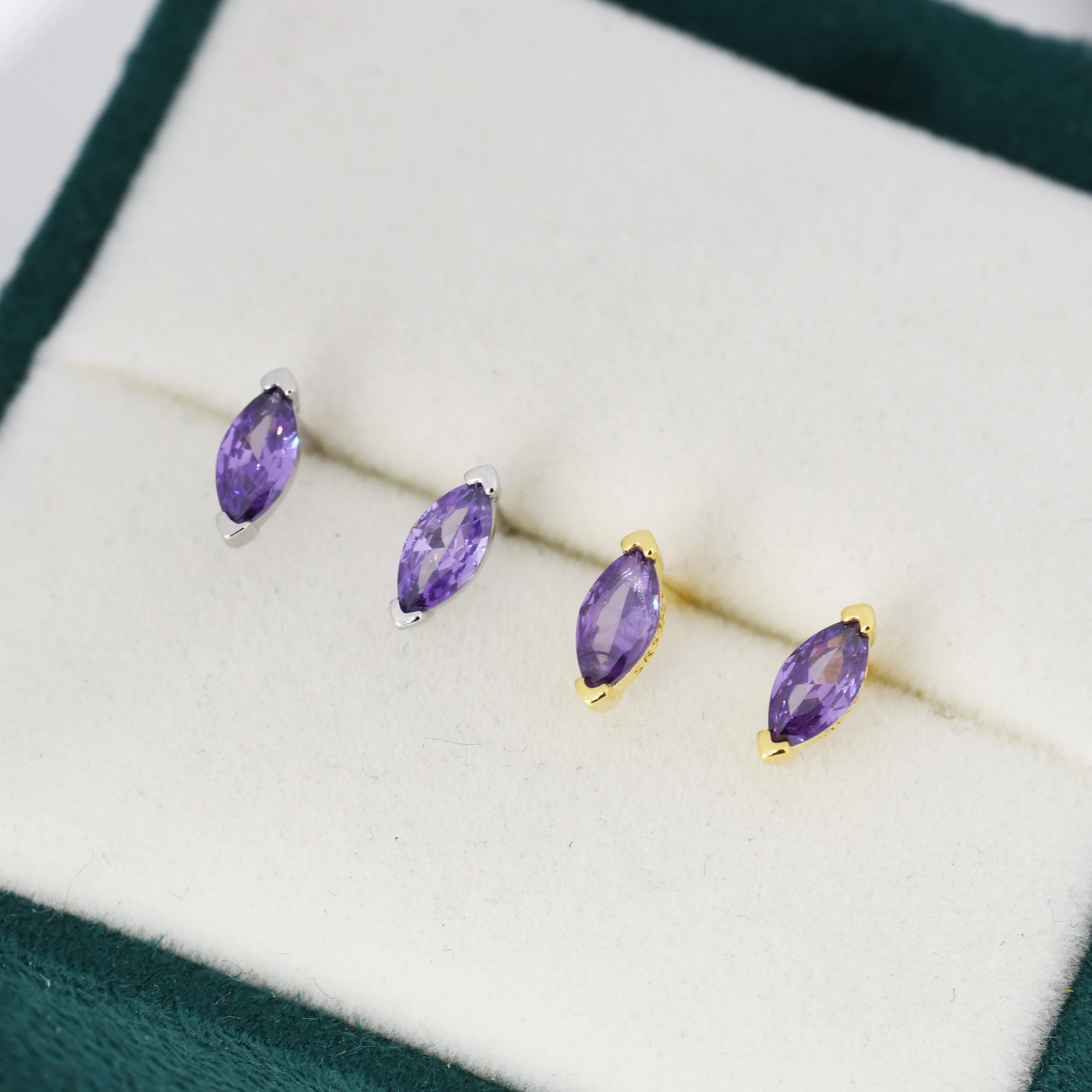 Sterling Silver Purple Amethyst Marquise Stud Earrings, Simulated Amethyst Crystal, Minimalist Geometric Design, February Birthstone - Image 3