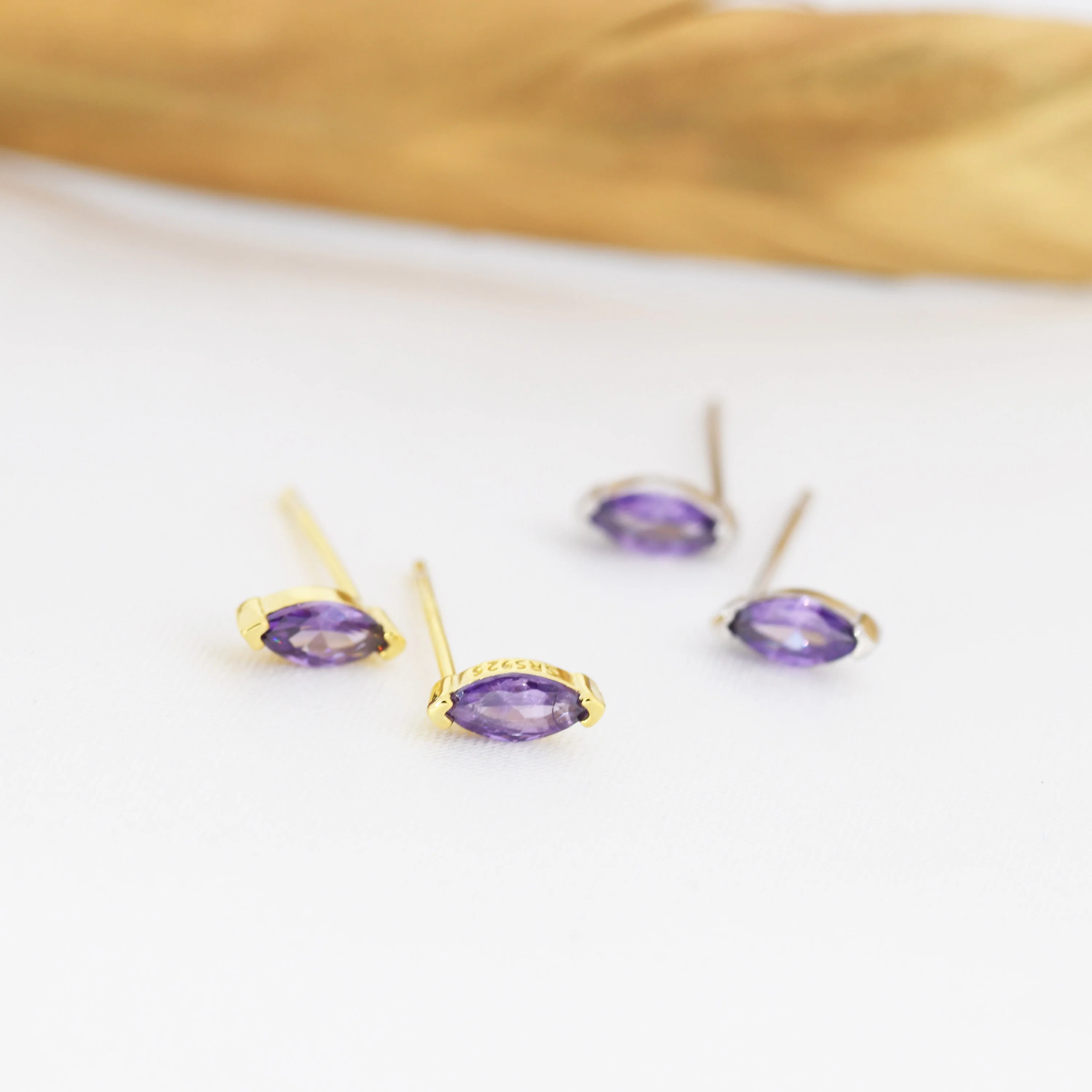 Sterling Silver Purple Amethyst Marquise Stud Earrings, Simulated Amethyst Crystal, Minimalist Geometric Design, February Birthstone - Image 7