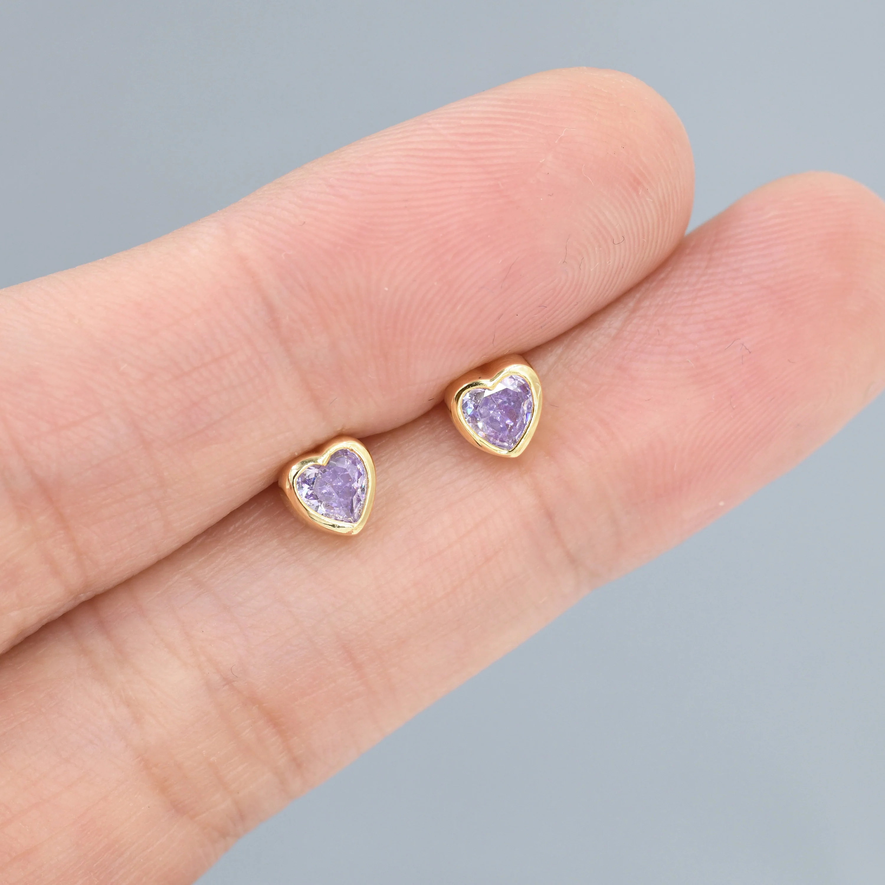 Sterling Silver Purple Heart CZ Stud Earrings, Silver or Gold, Heart Stud Earrings, Stacking Earrings - Image 3