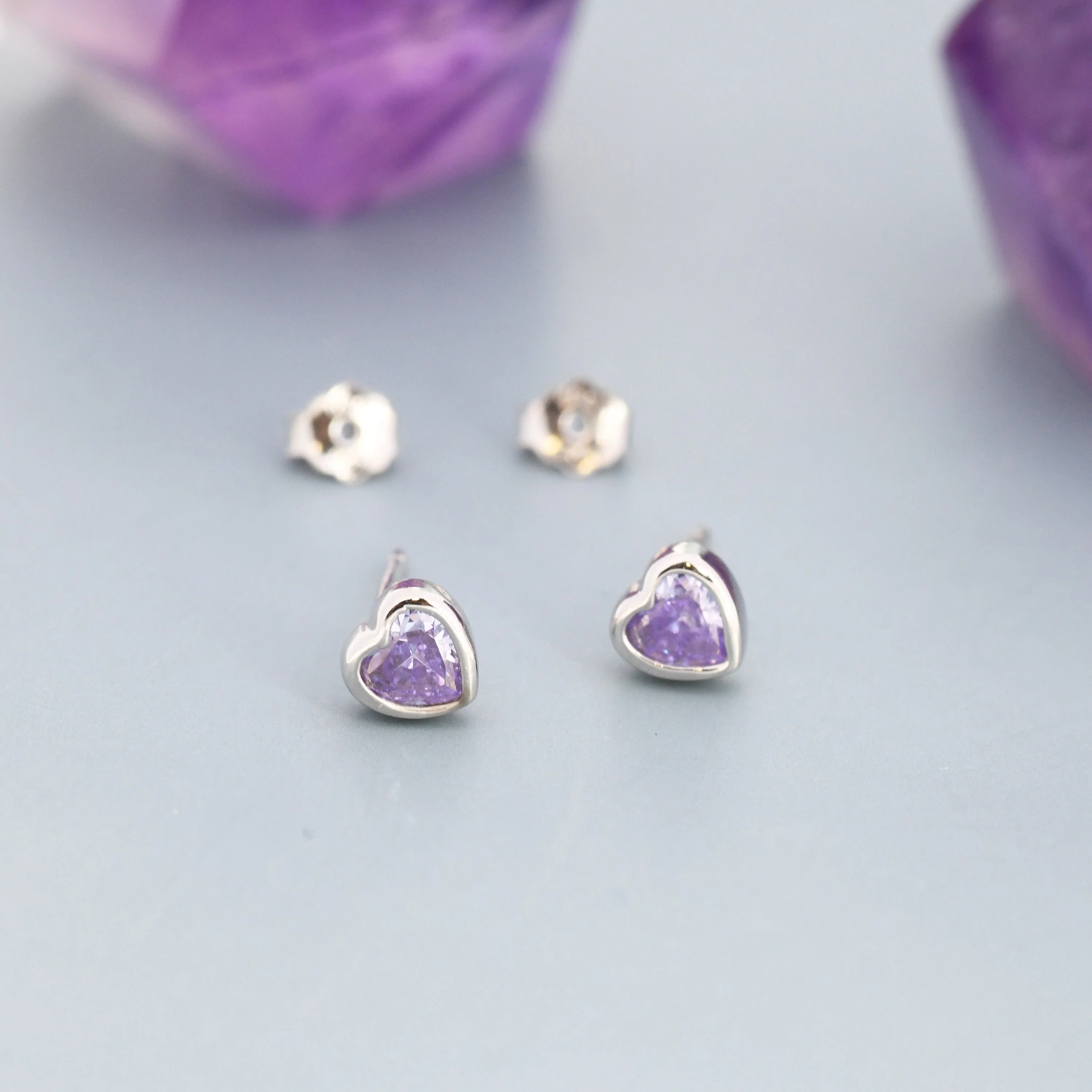 Sterling Silver Purple Heart CZ Stud Earrings, Silver or Gold, Heart Stud Earrings, Stacking Earrings - Image 4