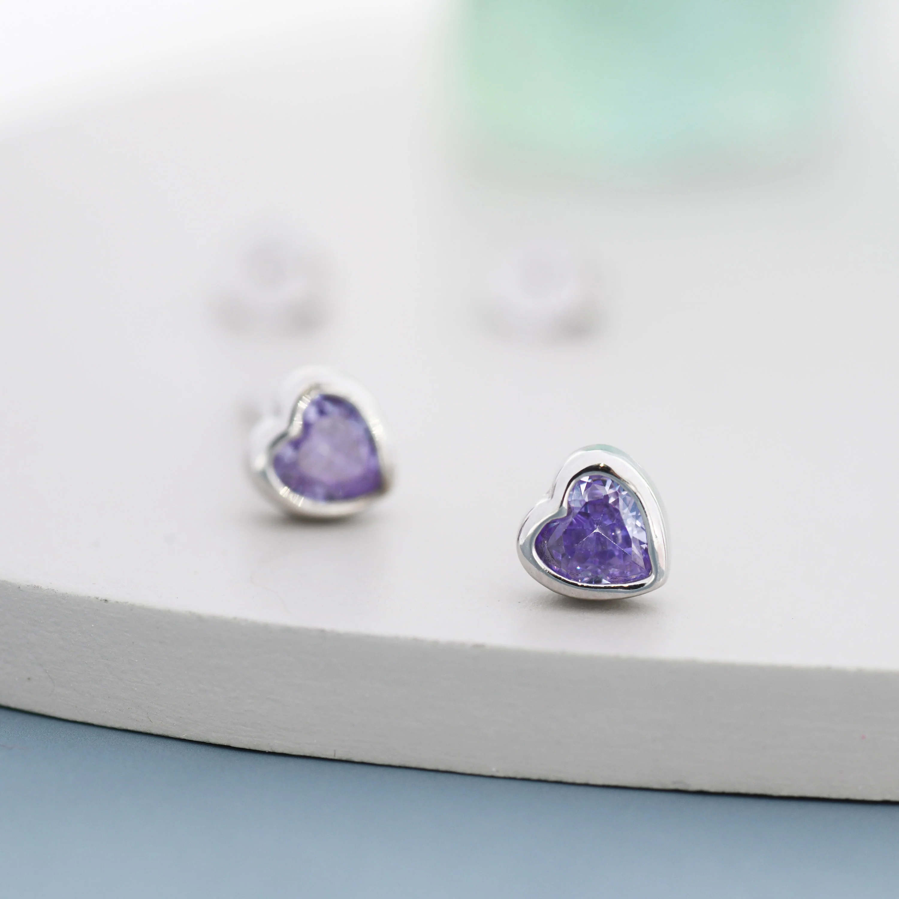 Sterling Silver Purple Heart CZ Stud Earrings, Silver or Gold, Heart Stud Earrings, Stacking Earrings - Image 5
