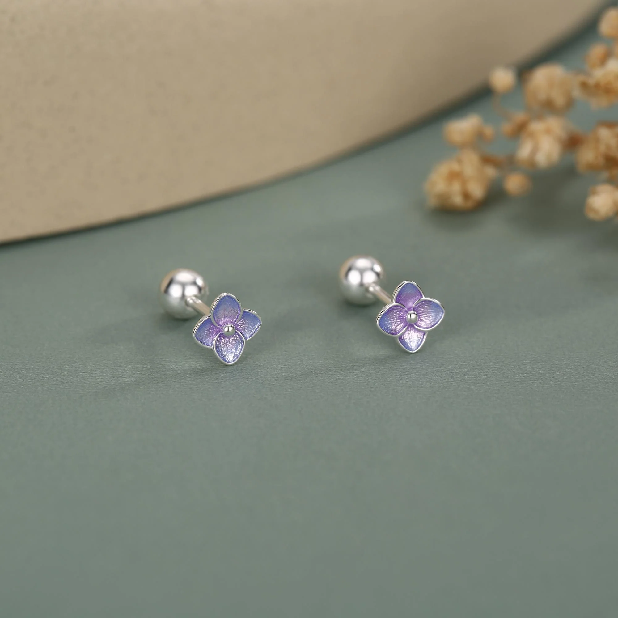 Sterling Silver Purple Hydrangea Flower 18G Screw Back Stud Earrings with Ball Backs