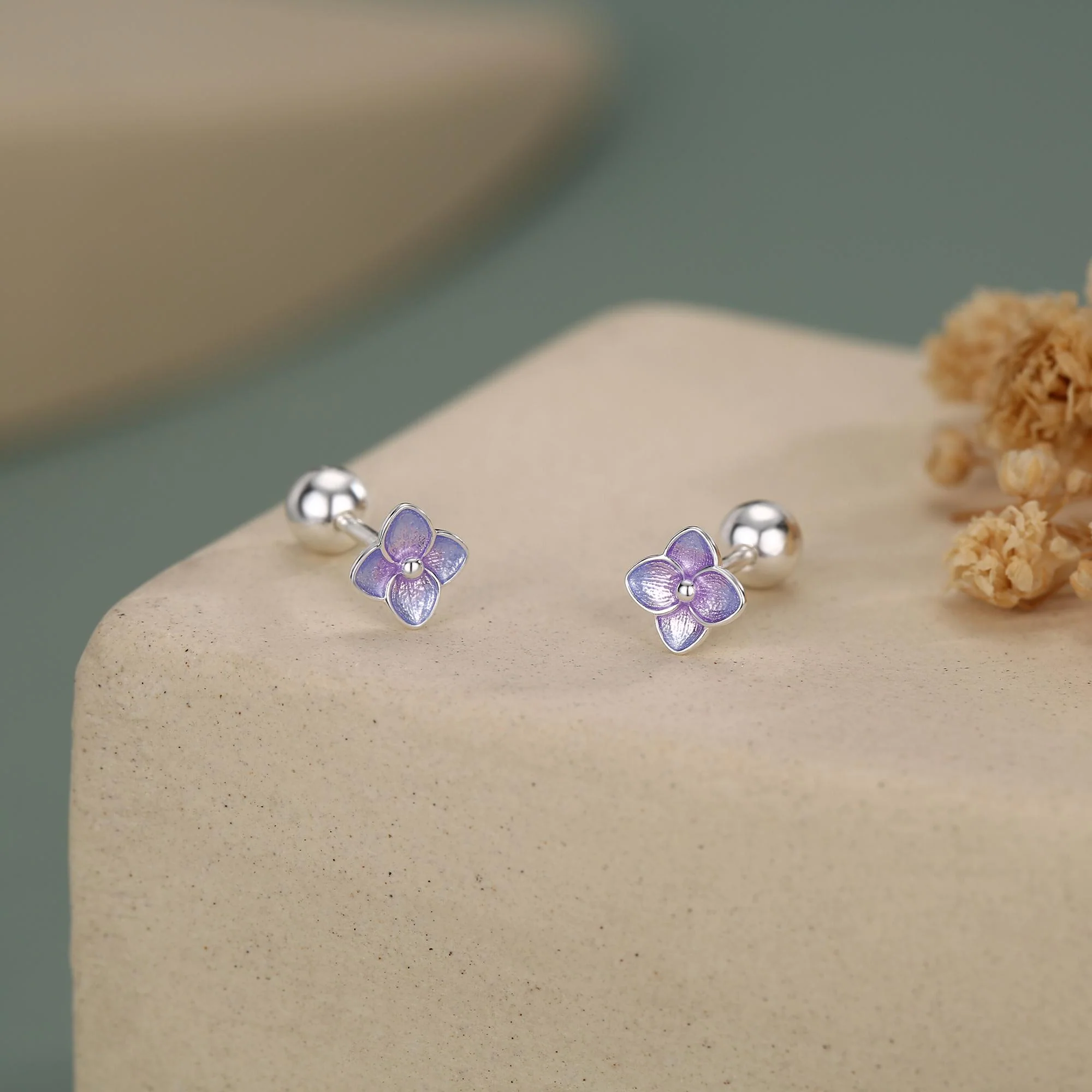 Sterling Silver Purple Hydrangea Flower 18G Screw Back Stud Earrings with Ball Backs - Image 3