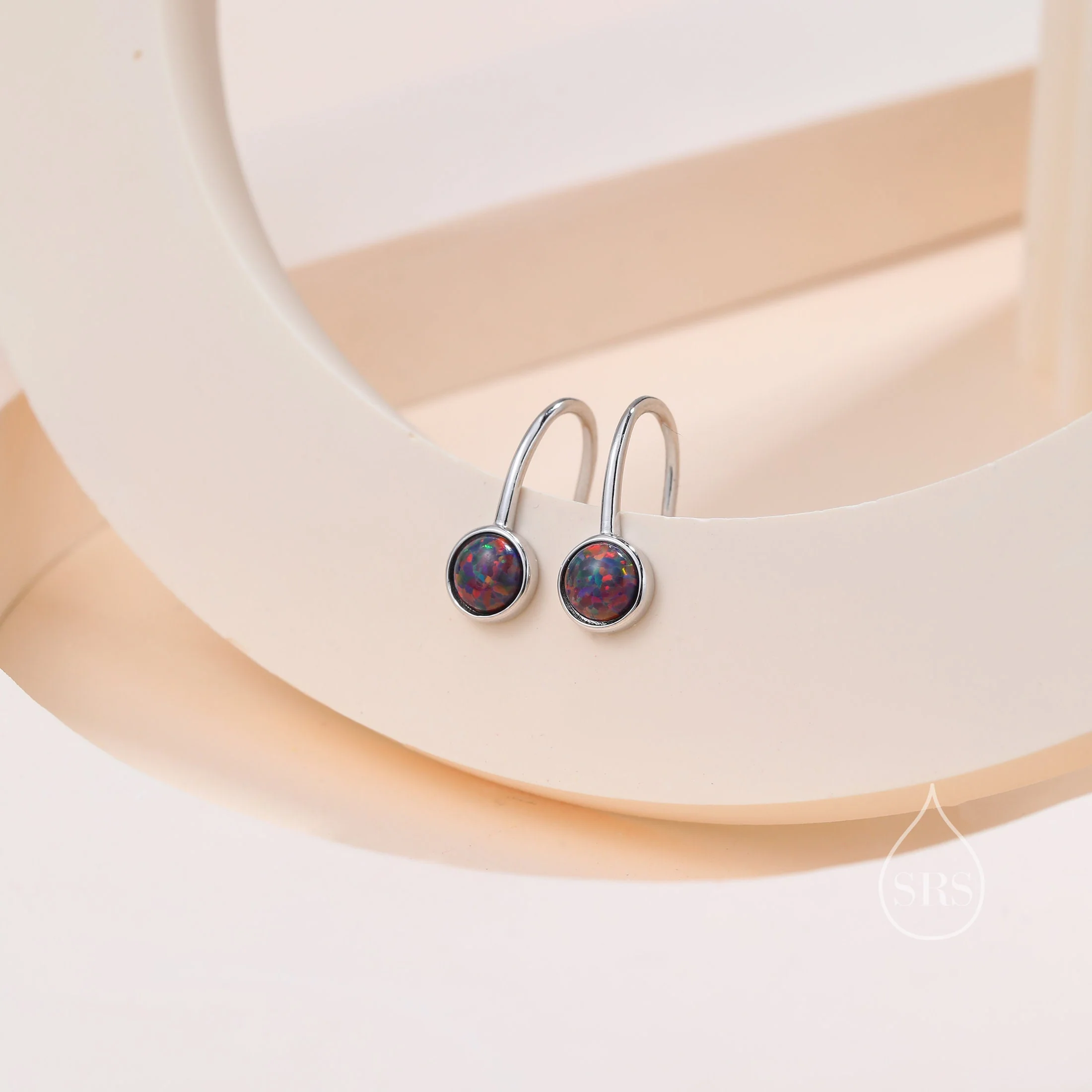 Sterling Silver Purple Opal Drop Earrings in Sterling Silver, Round Purple Opal Hook Earrings, Delicate Opal Earrings, Lab Opal - Image 2