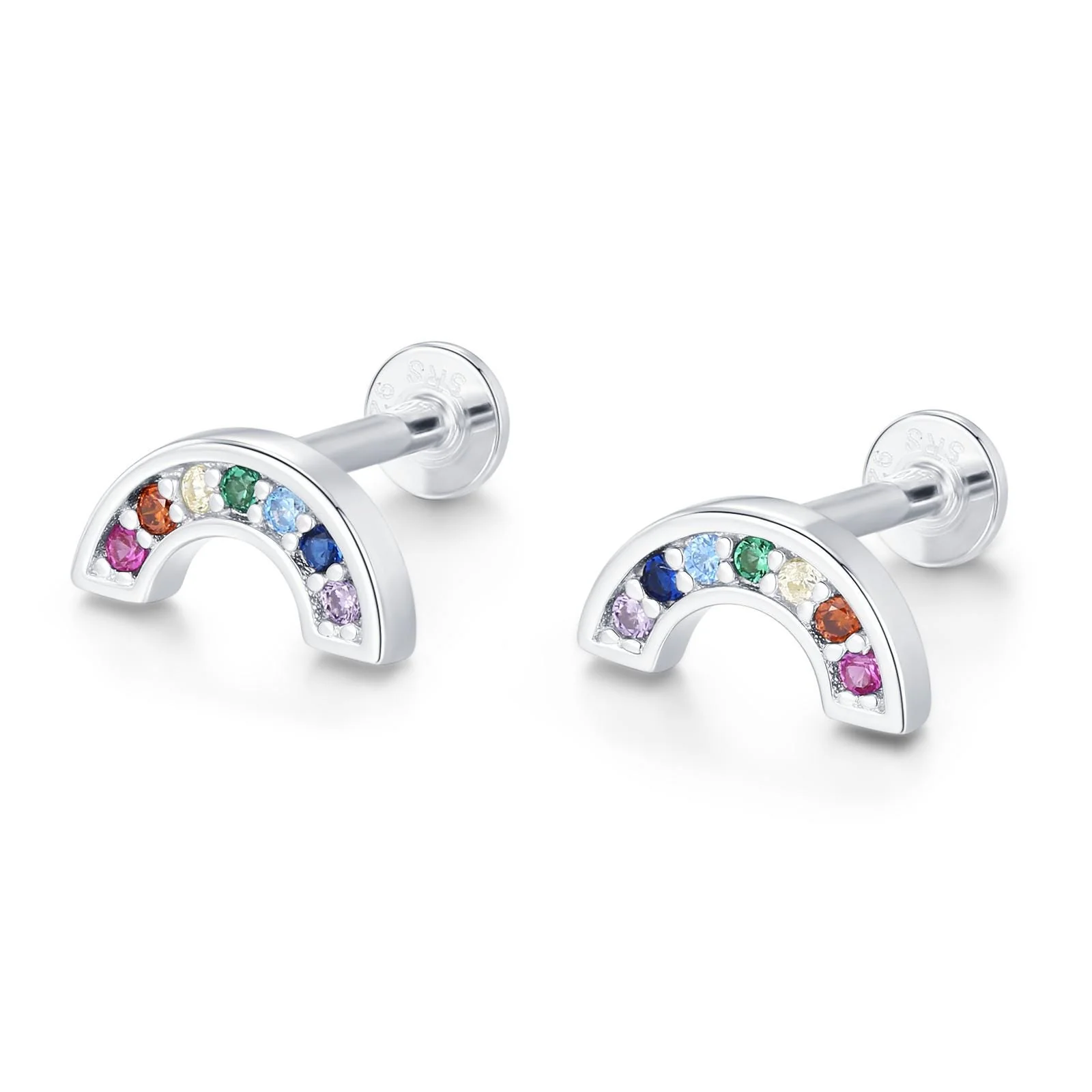 Sterling Silver Rainbow CZ 16G Flat Back Labret Earrings - Image 8