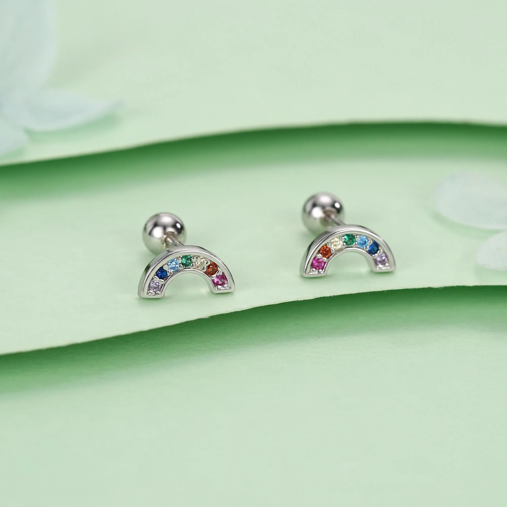 Sterling Silver Rainbow CZ 18G Screw Back Stud Earrings - Image 4