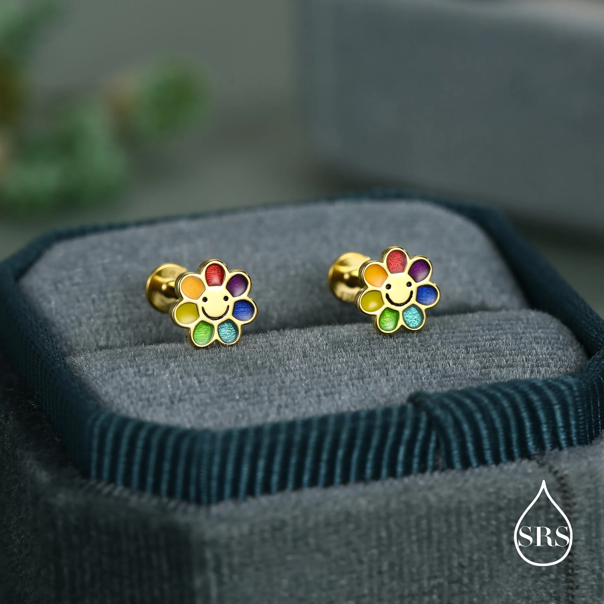 Sterling Silver Rainbow Flower 16G Flat Back Earrings Internally Threaded - Image 11