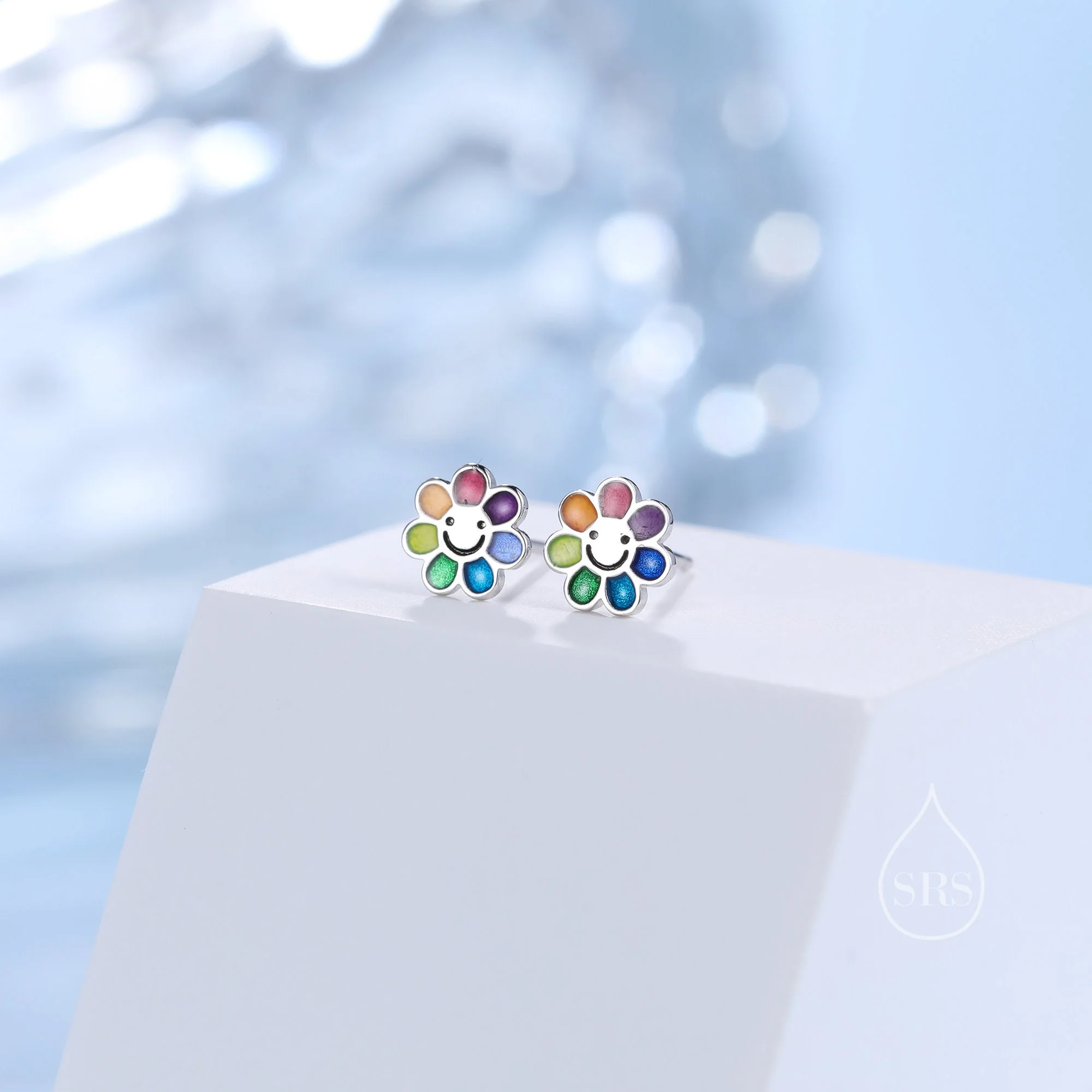 Sterling Silver Rainbow Flower 16G Flat Back Earrings Internally Threaded - Image 4