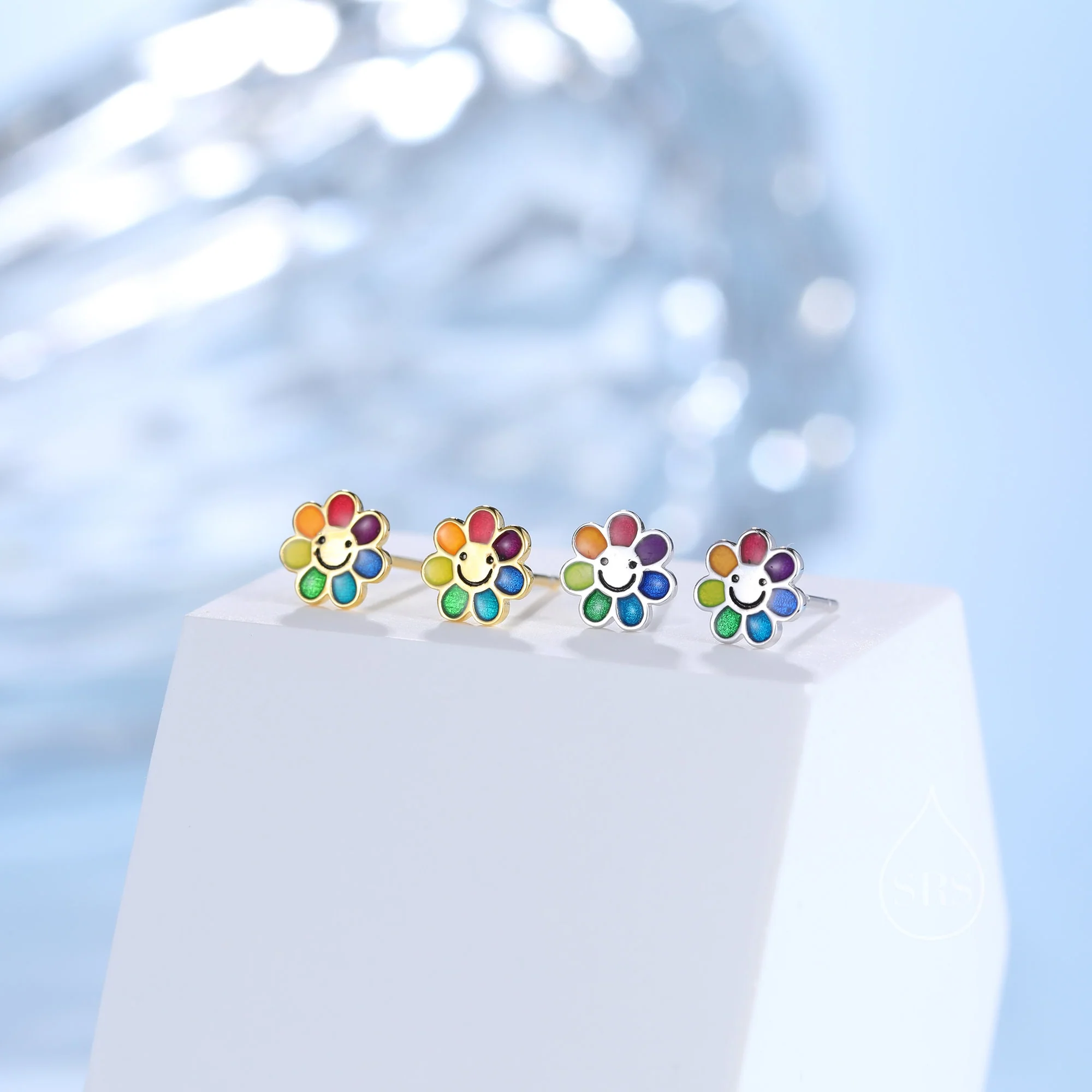 Sterling Silver Rainbow Flower 16G Flat Back Earrings Internally Threaded - Image 5