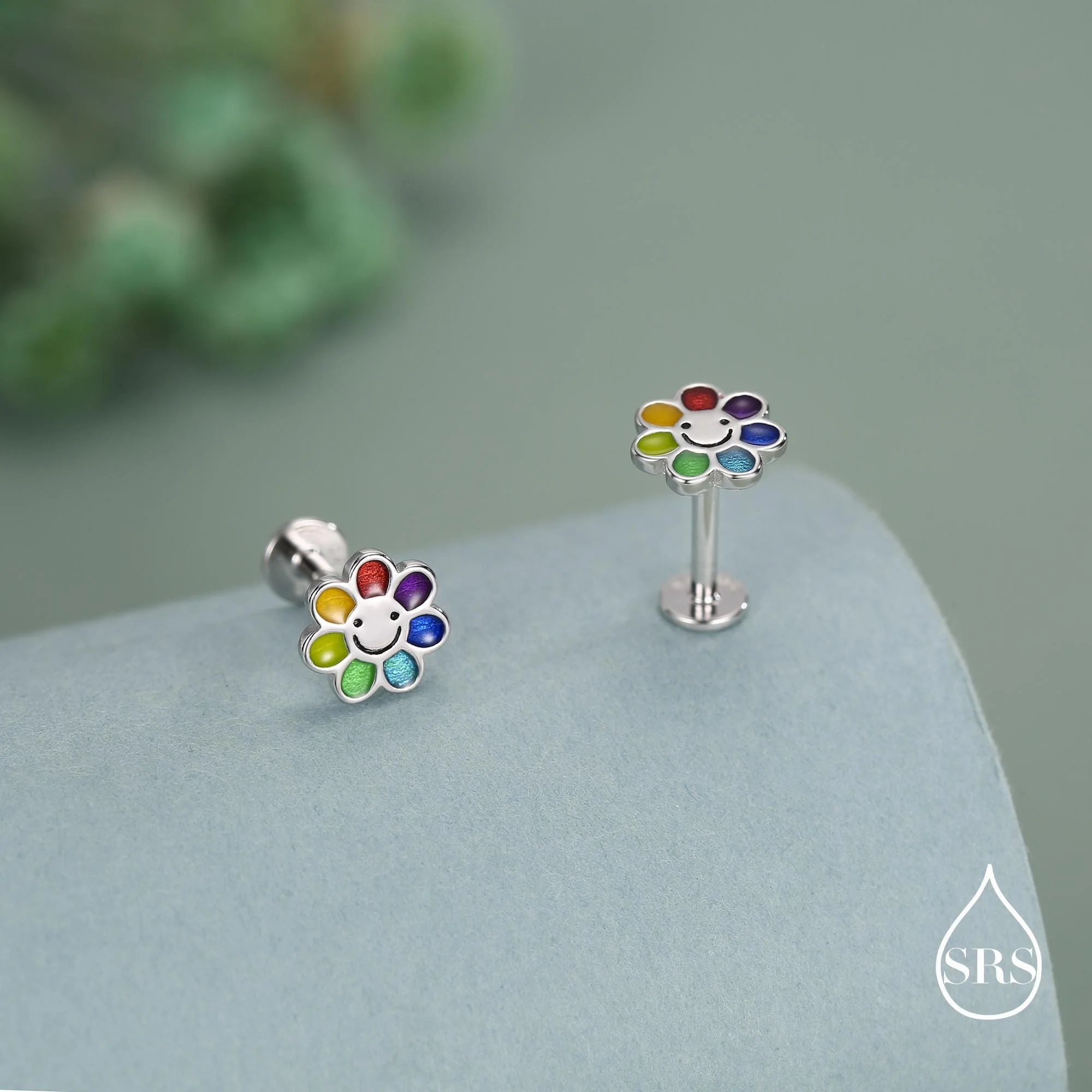 Sterling Silver Rainbow Flower 16G Flat Back Earrings Internally Threaded - Image 9