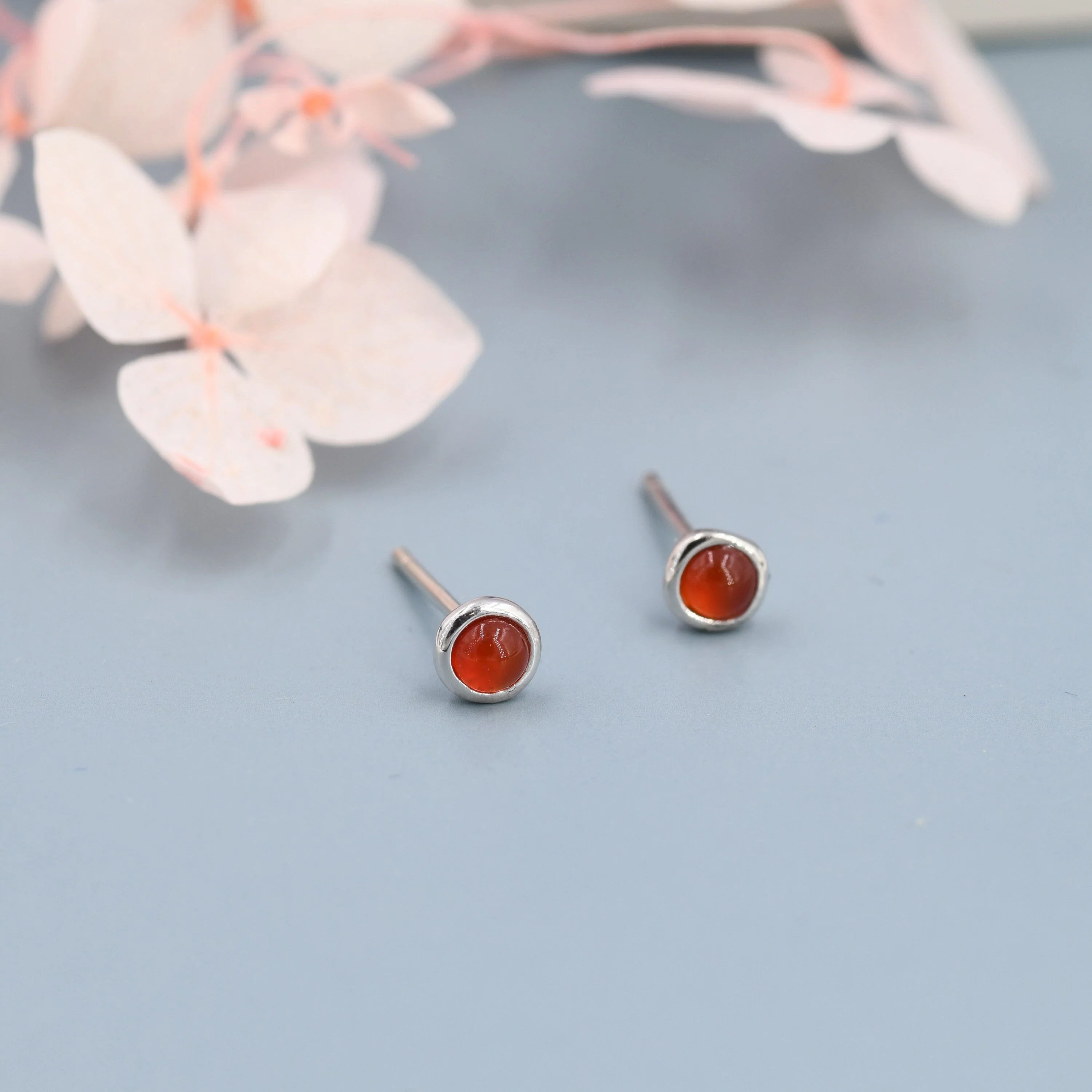 Sterling Silver Red Carnelian Stud Earrings, 3mm Genuine Red Carnelian Stone, Semi-precious Jewellery - Image 5