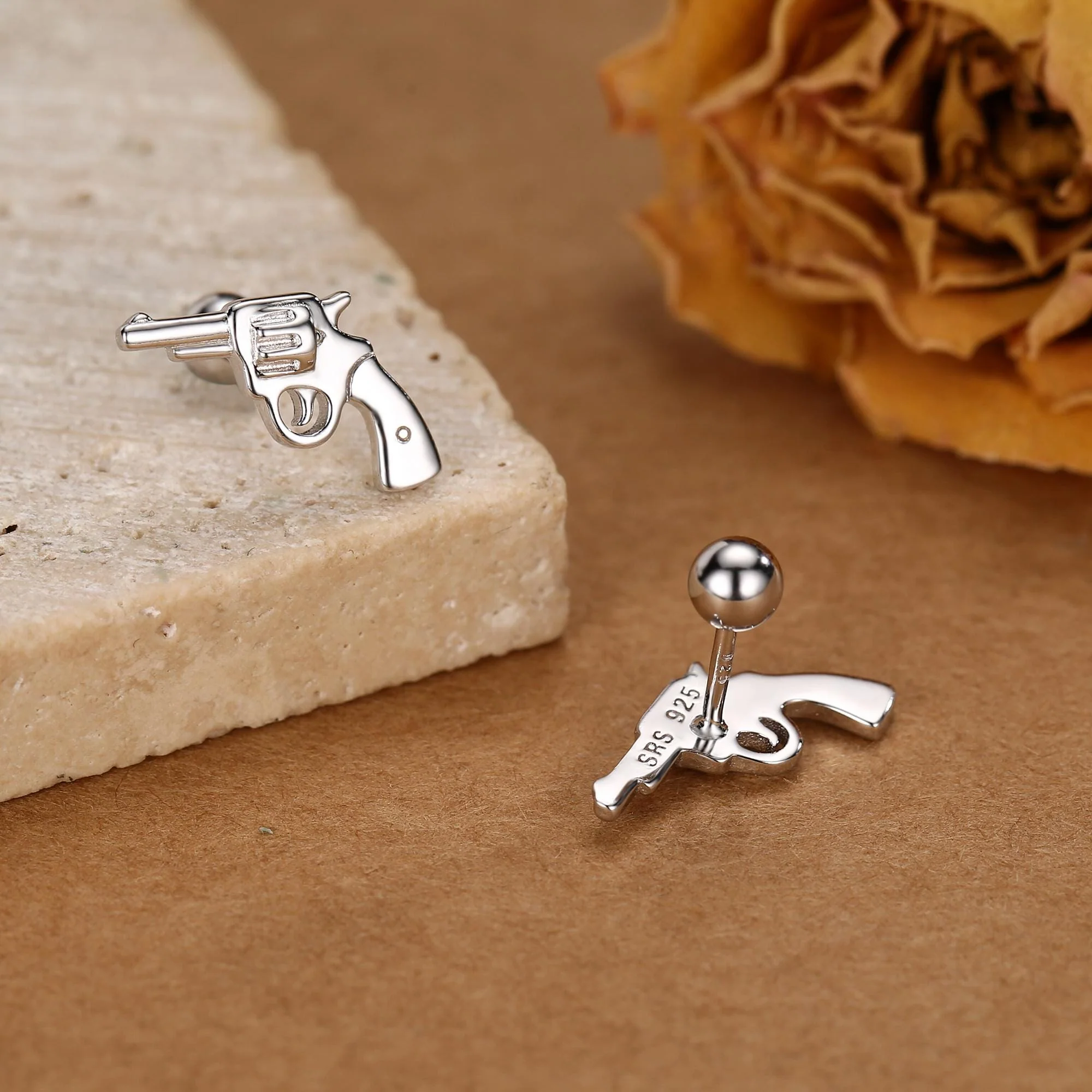 Sterling Silver Revolver Gun 18G Screw Back Stud Earrings - Image 3